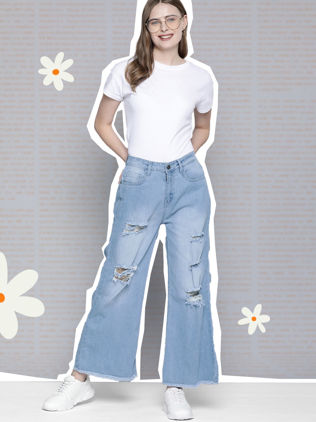 

Mast & Harbour Women Wide Leg Highly Distressed Heavy Fade Stretchable Jeans, Blue