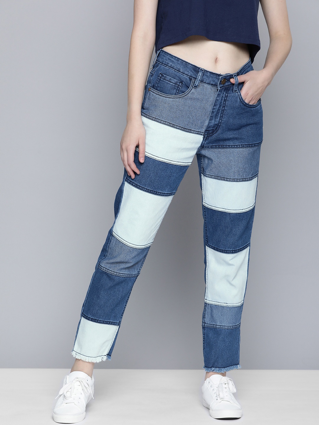 

Mast & Harbour Women Slim Fit Colourblocked Light Fade Frayed Hem Stretchable Jeans, Blue