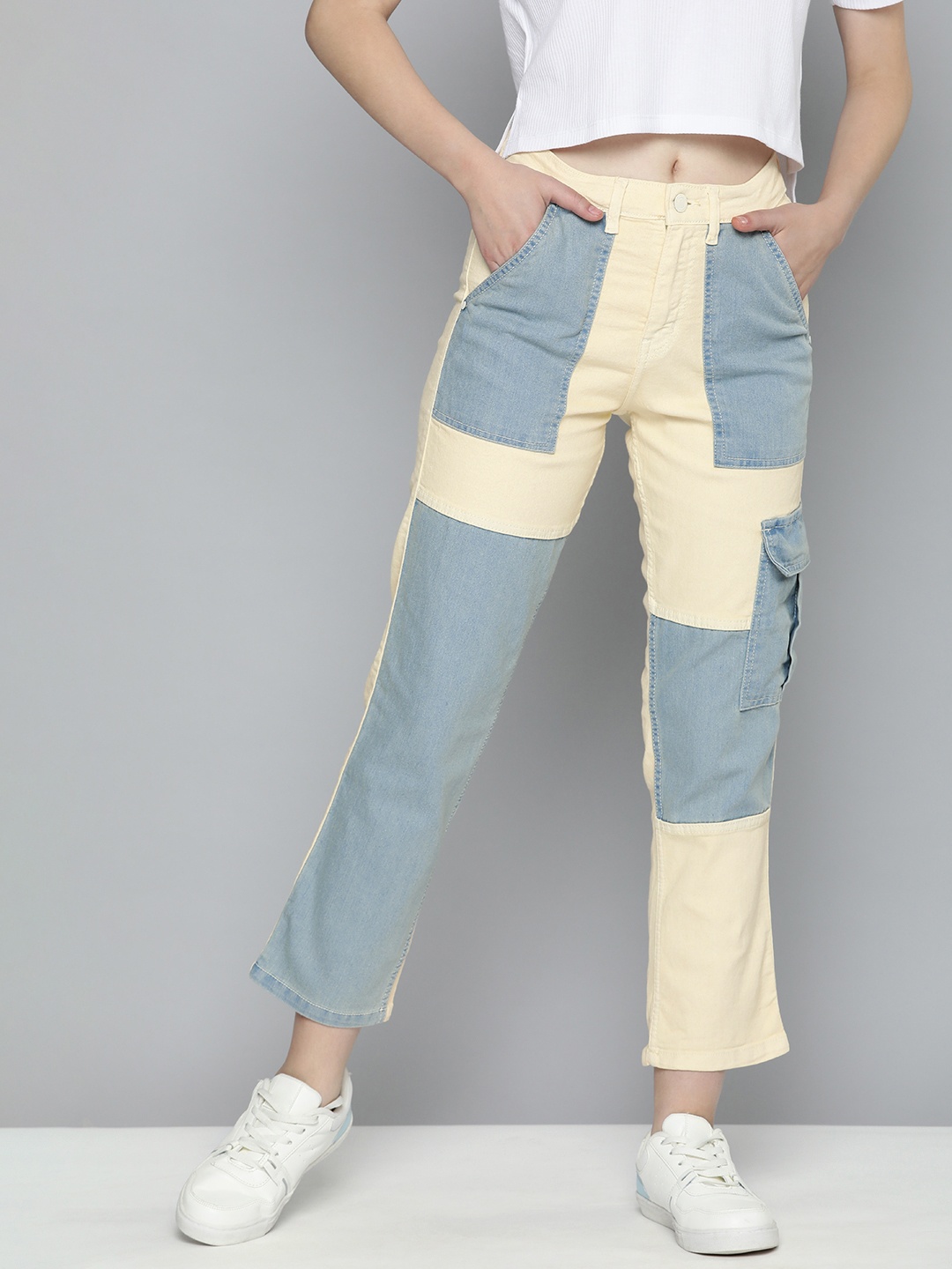 

Mast & Harbour Women Pure Cotton Straight Fit Light Fade Mid-Rise Jeans, Cream