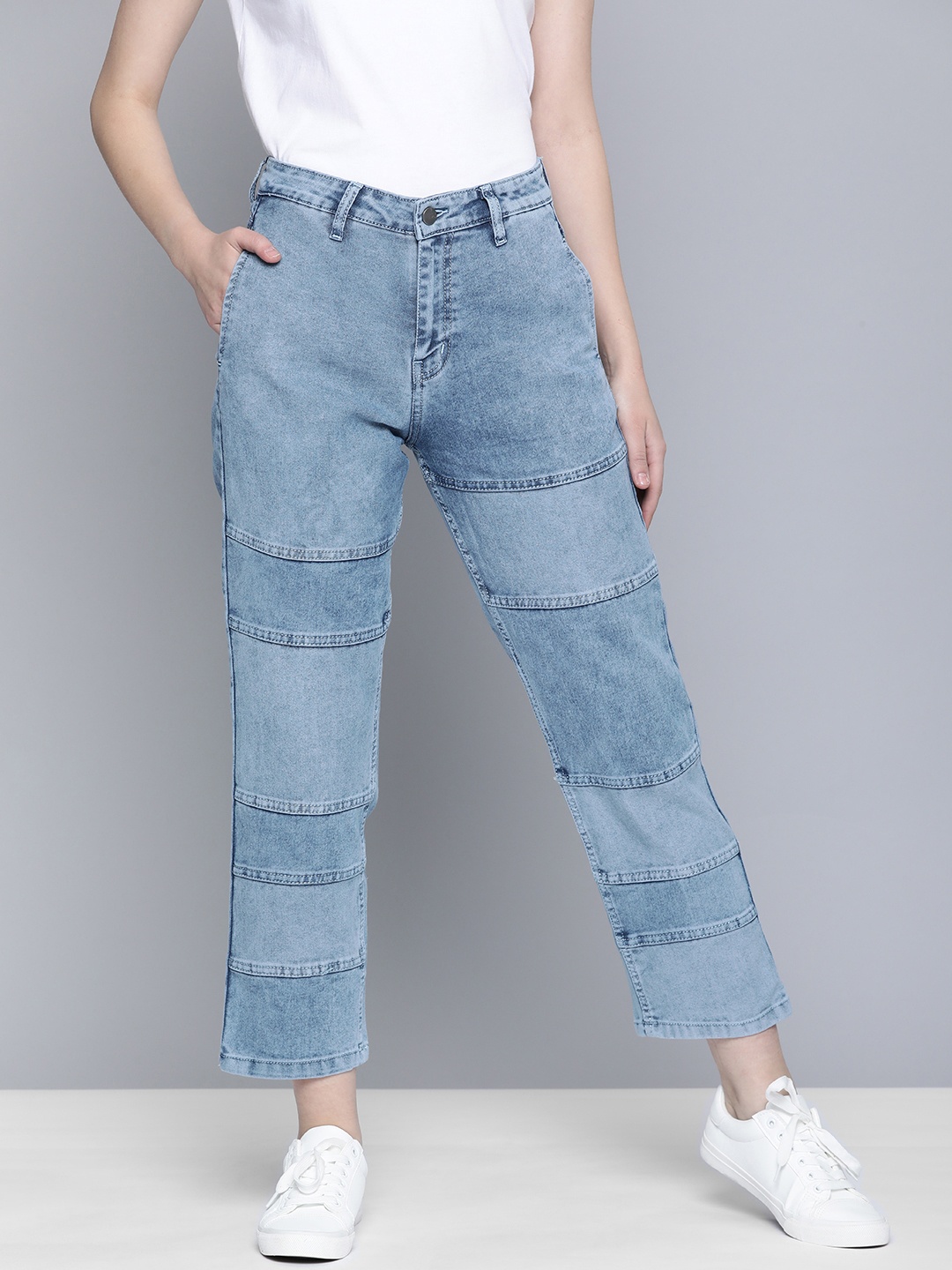 

Mast & Harbour Women Straight Fit Heavy Fade Stretchable Cropped Jeans, Blue