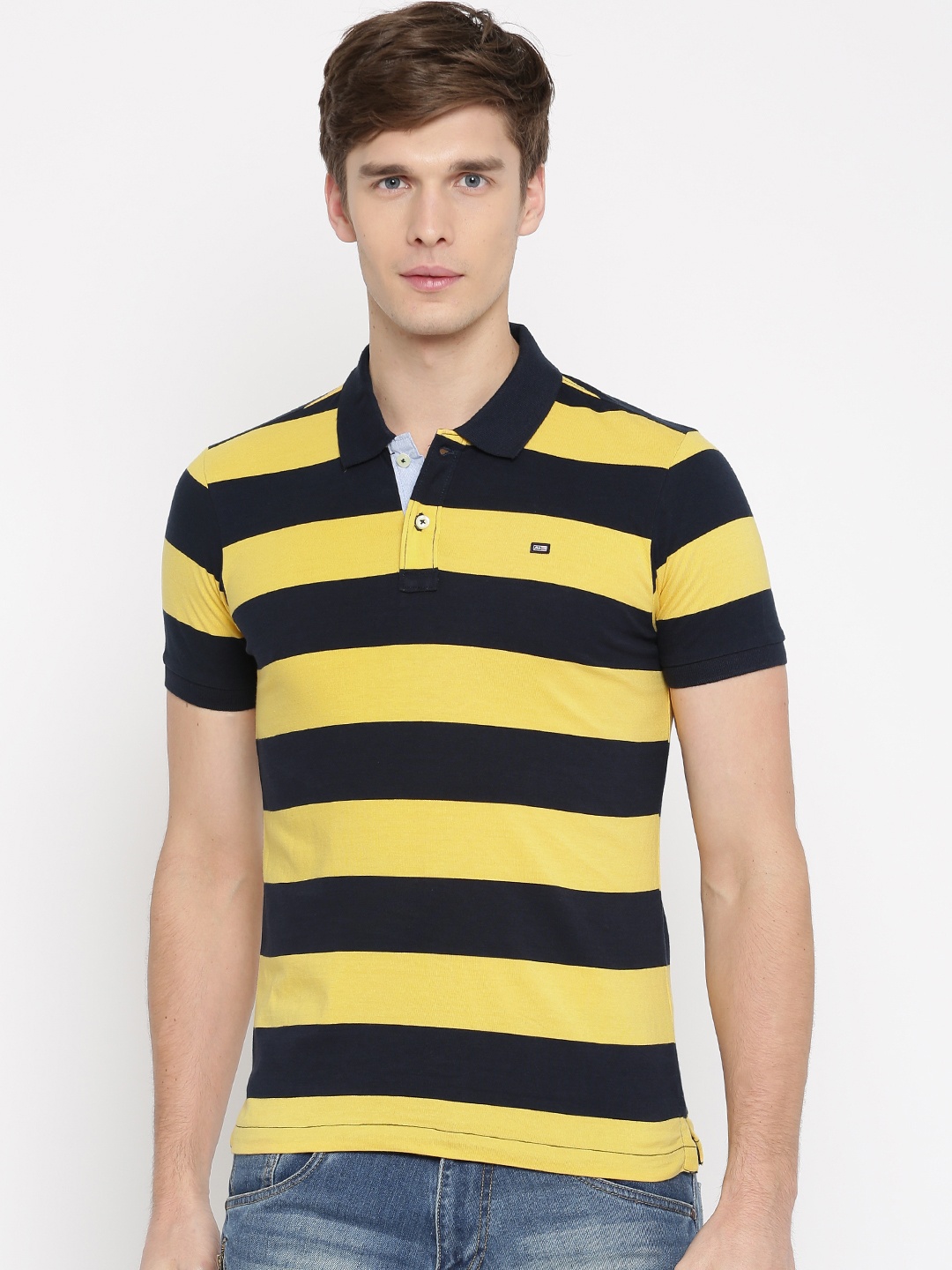 

Arrow Sport Men Yellow Navy Striped Polo Collar Pure Cotton T-shirt