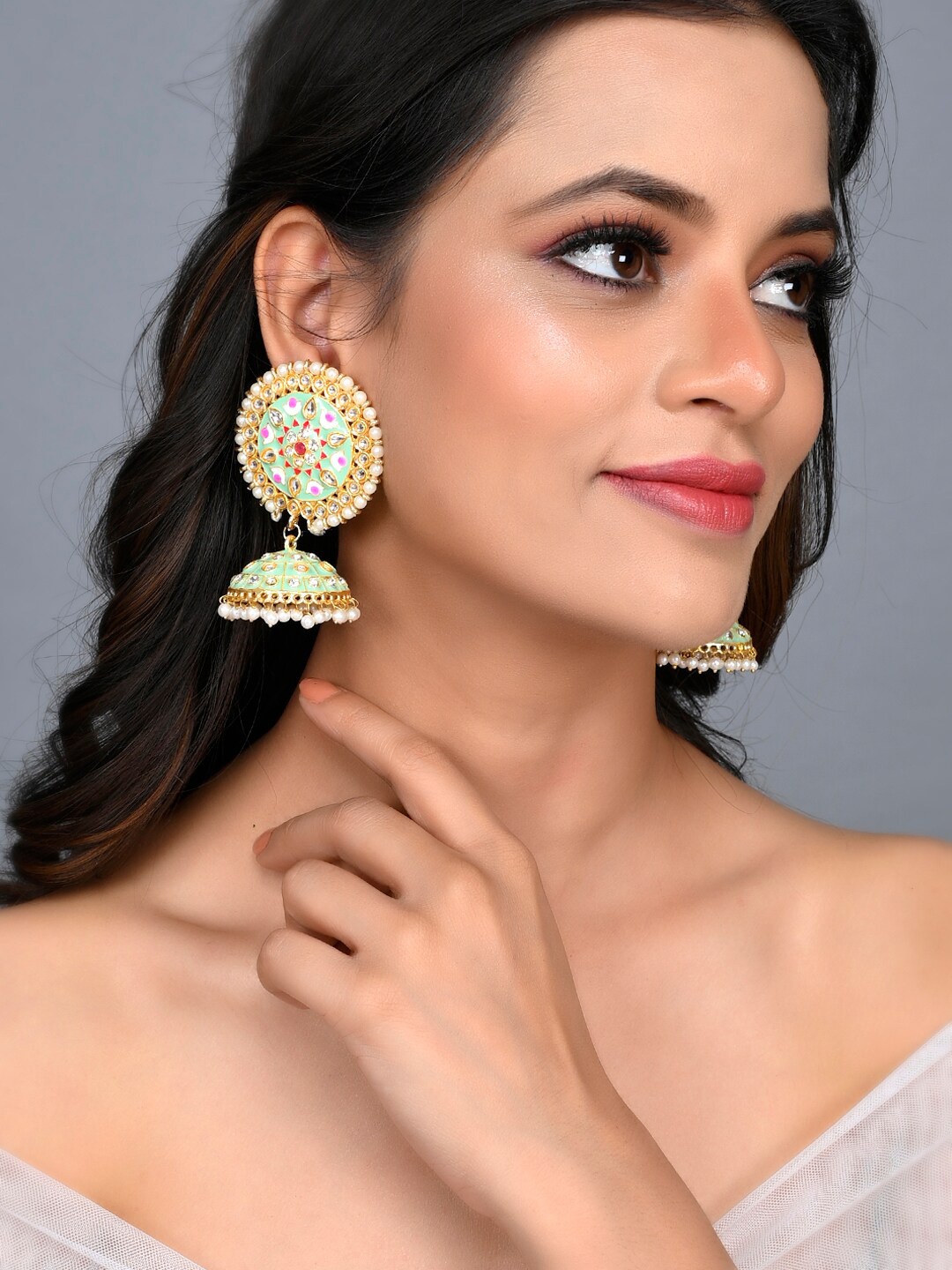 

Silvermerc Designs Green & Gold Plated Contemporary Jhumkas Earrings