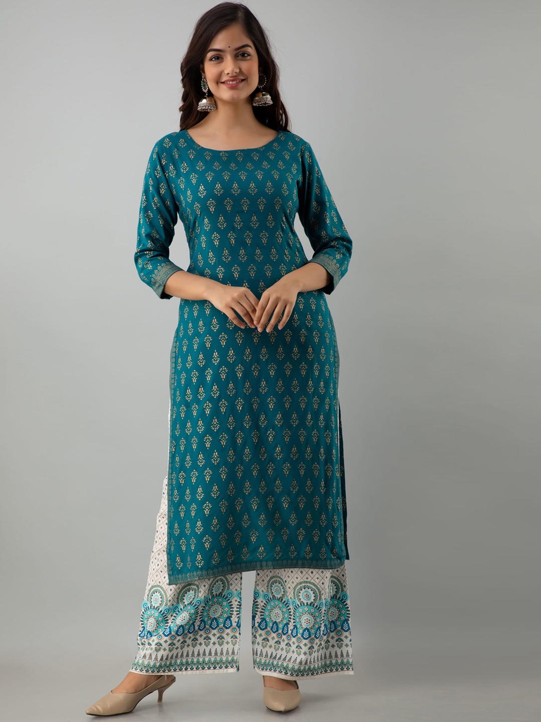

KIMAYRA Green Floral Printed Kurta with Palazzos