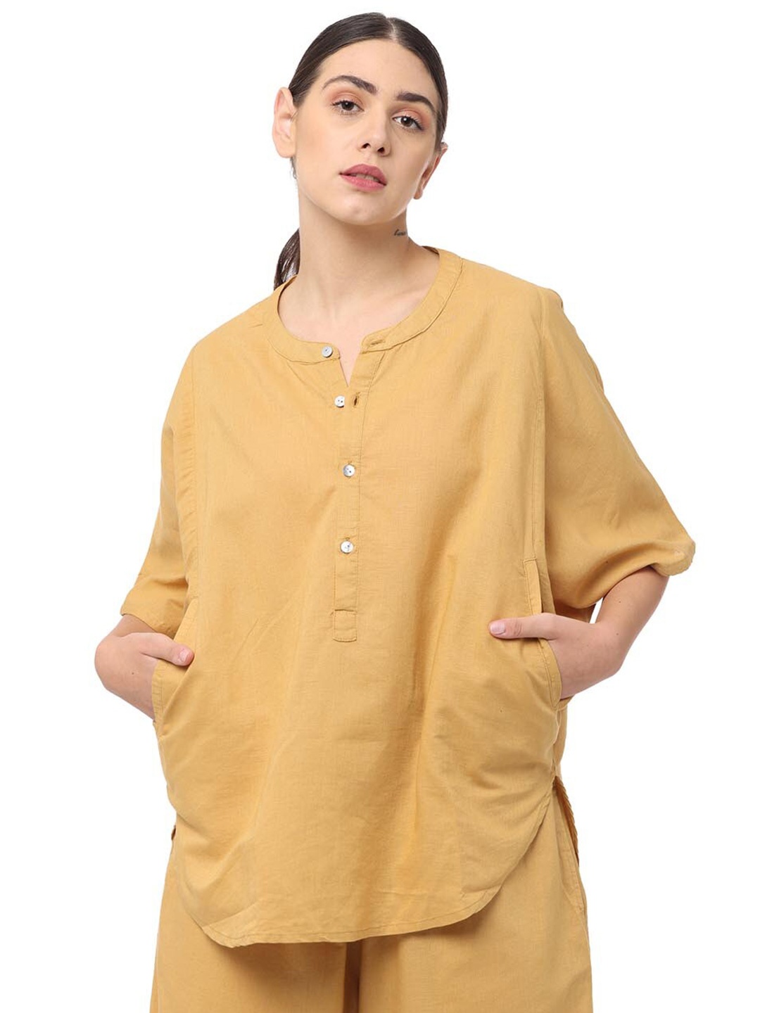 

Proyog Woman Mustard Yellow Linen Top