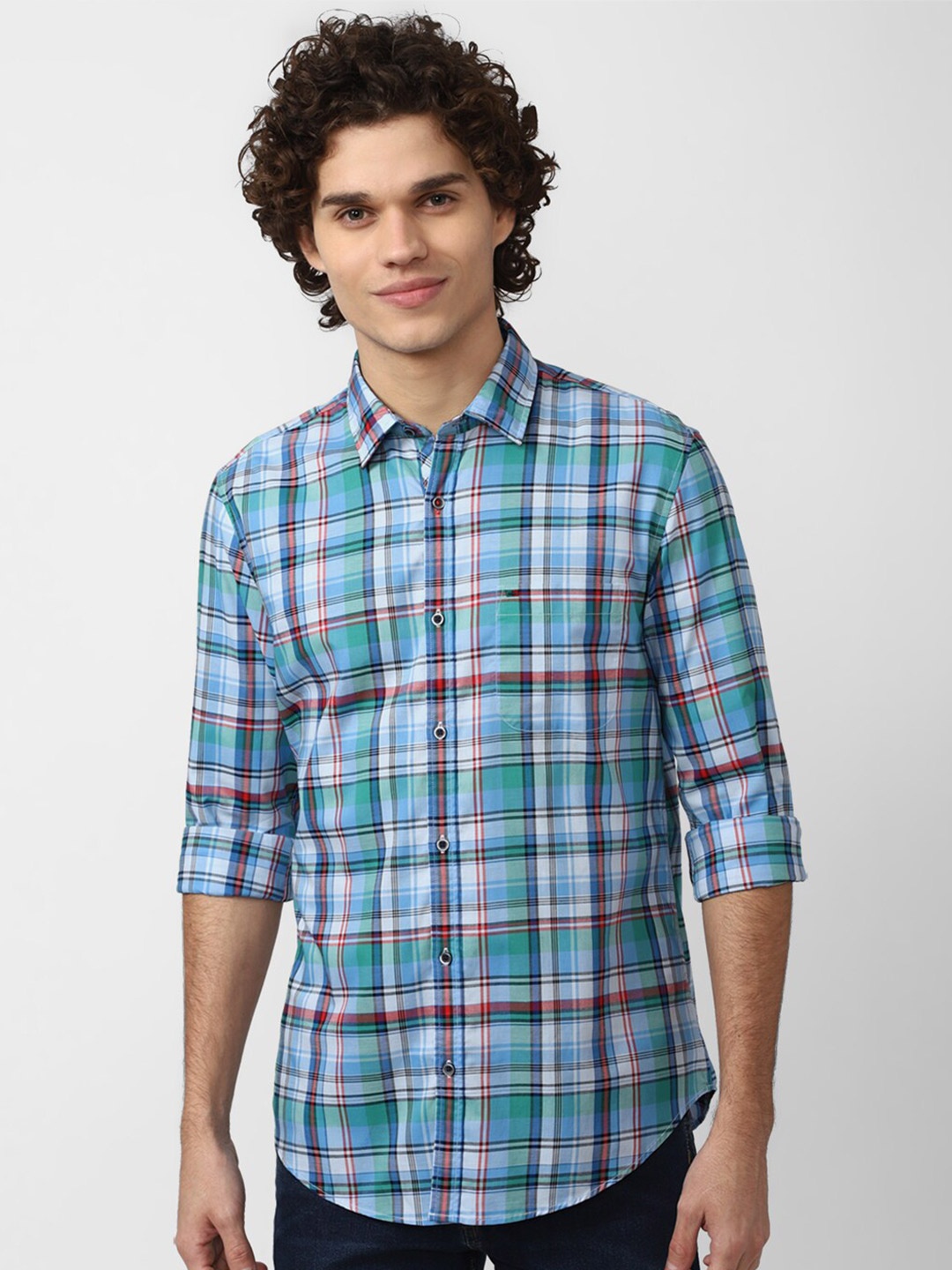

Peter England Casuals Men Blue Slim Fit Tartan Checks Checked Cotton Casual Shirt