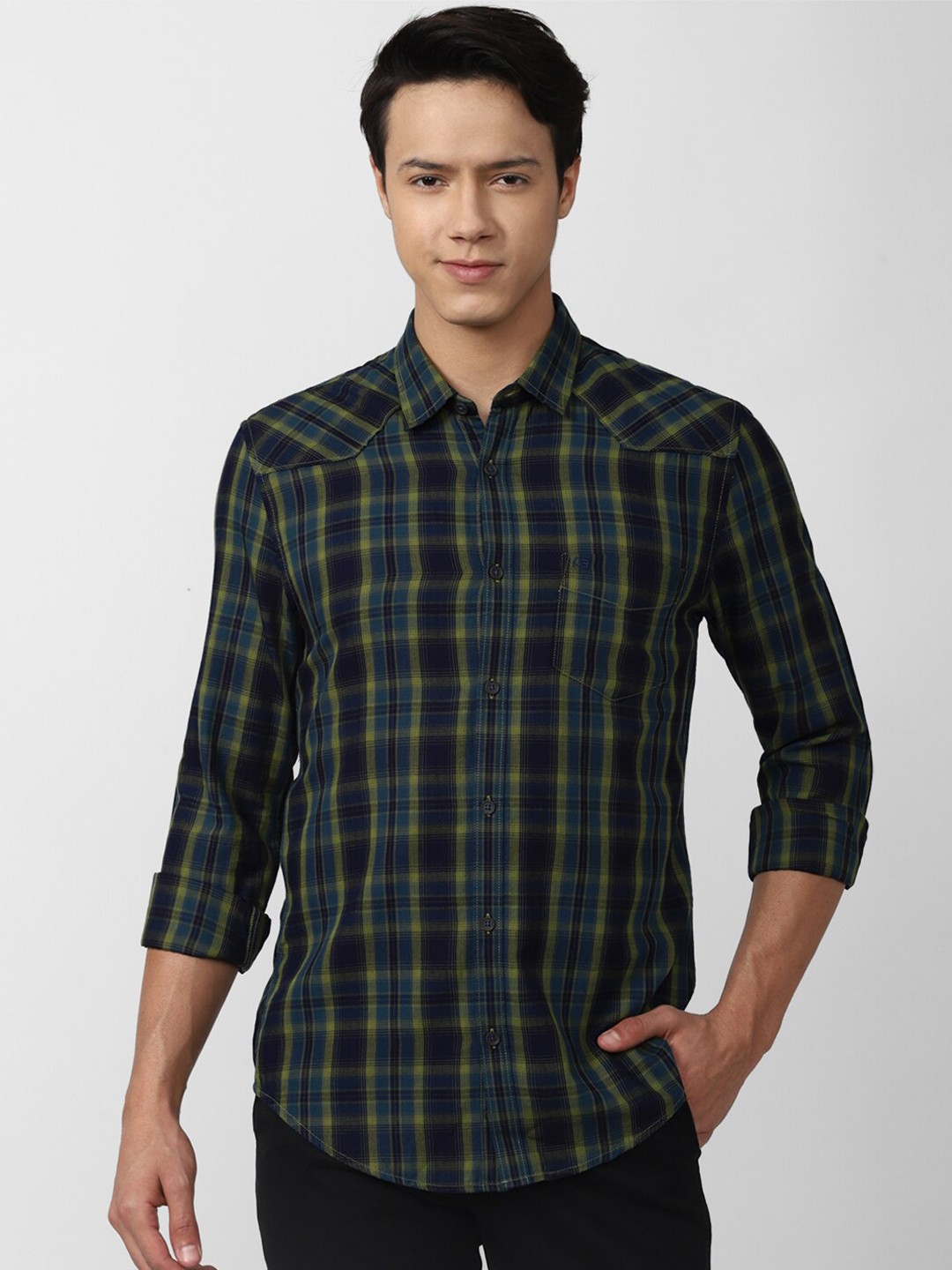 

Peter England Casuals Men Slim Fit Tartan Checks Checked Casual Cotton Shirt, Multi