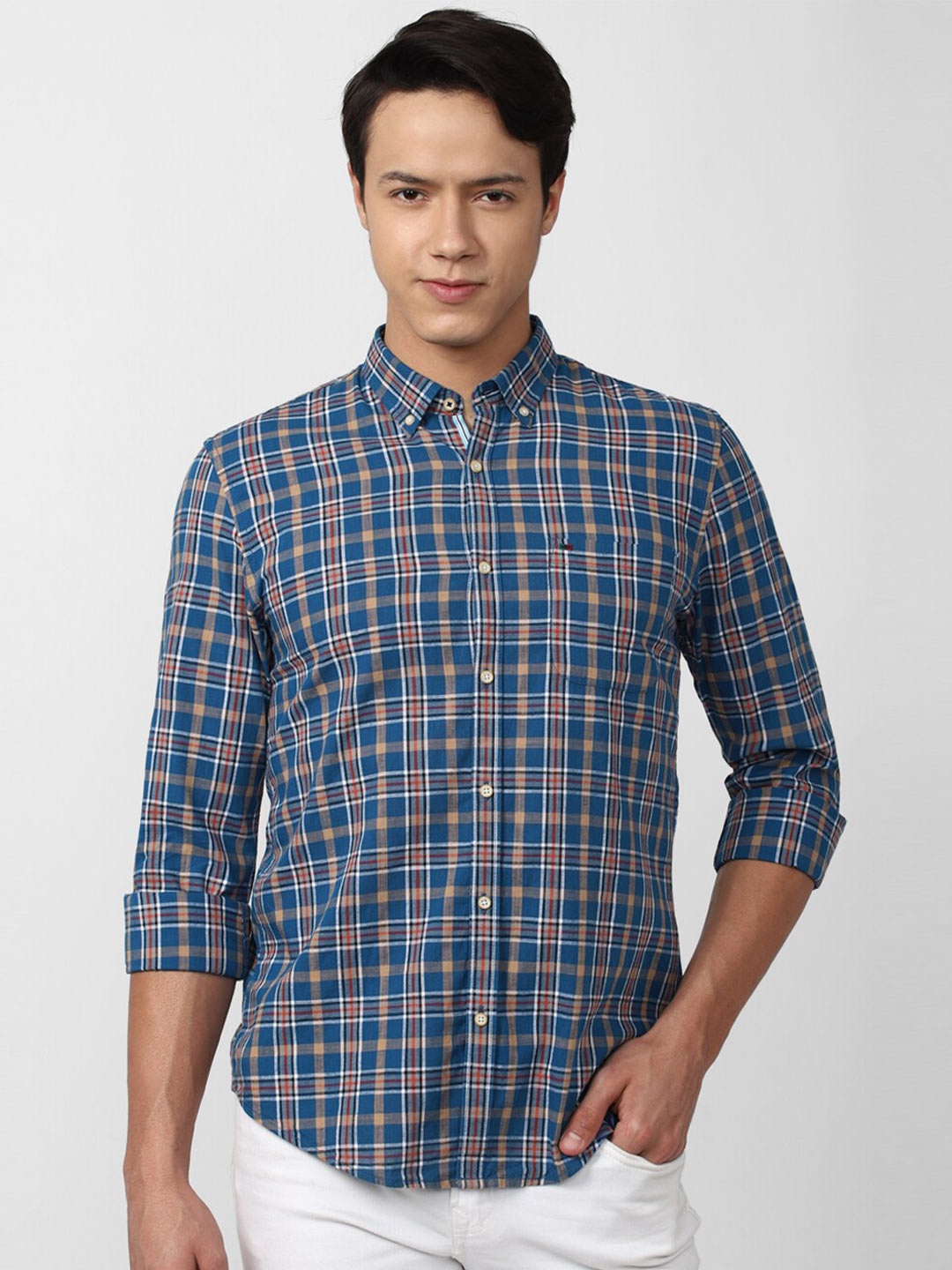 

Peter England Casuals Men Blue Slim Fit Tartan Checks Checked Cotton Casual Shirt, Multi