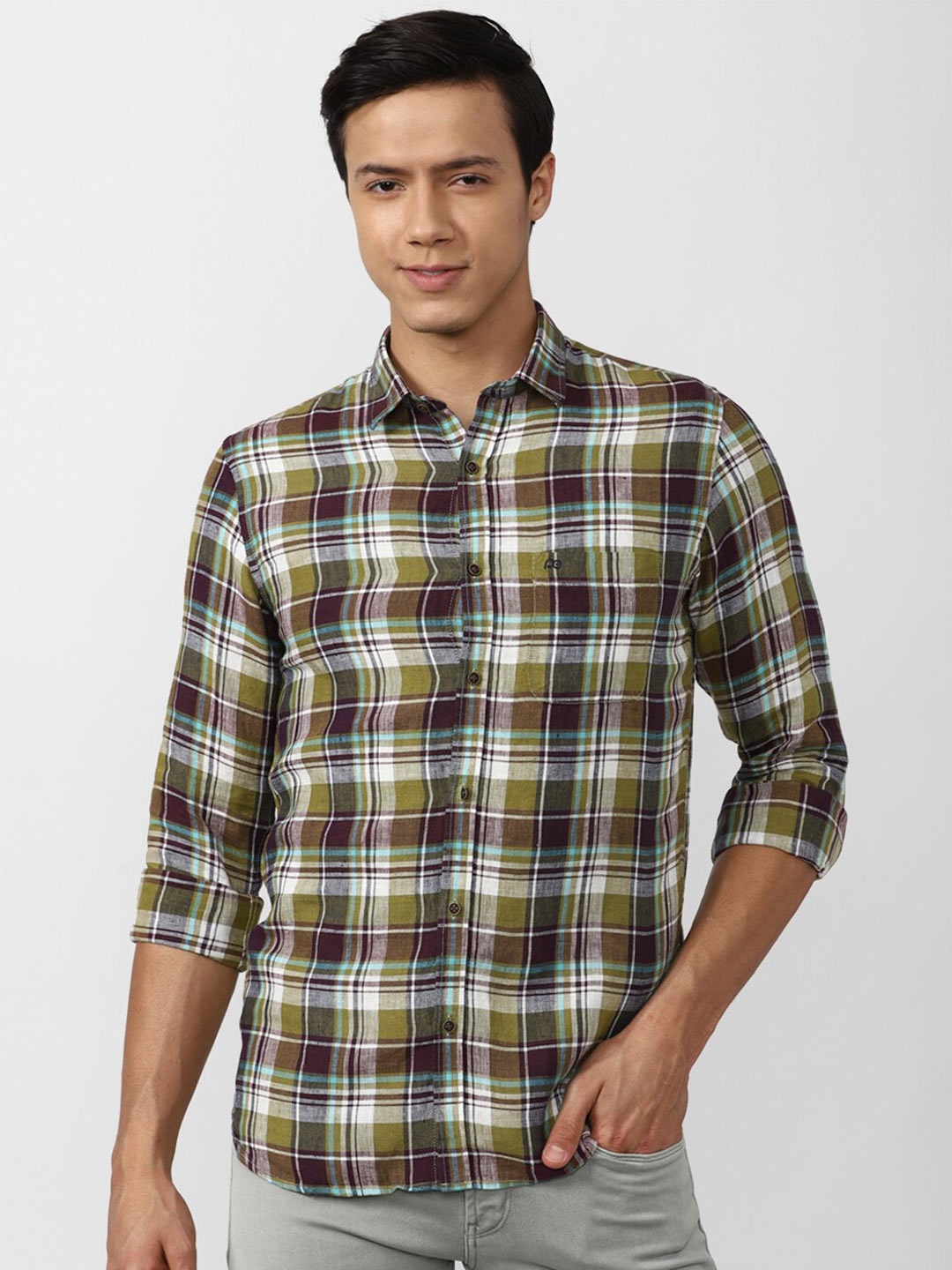 

Peter England Casuals Men Olive Green Slim Fit Tartan Checks Checked Linen Casual Shirt