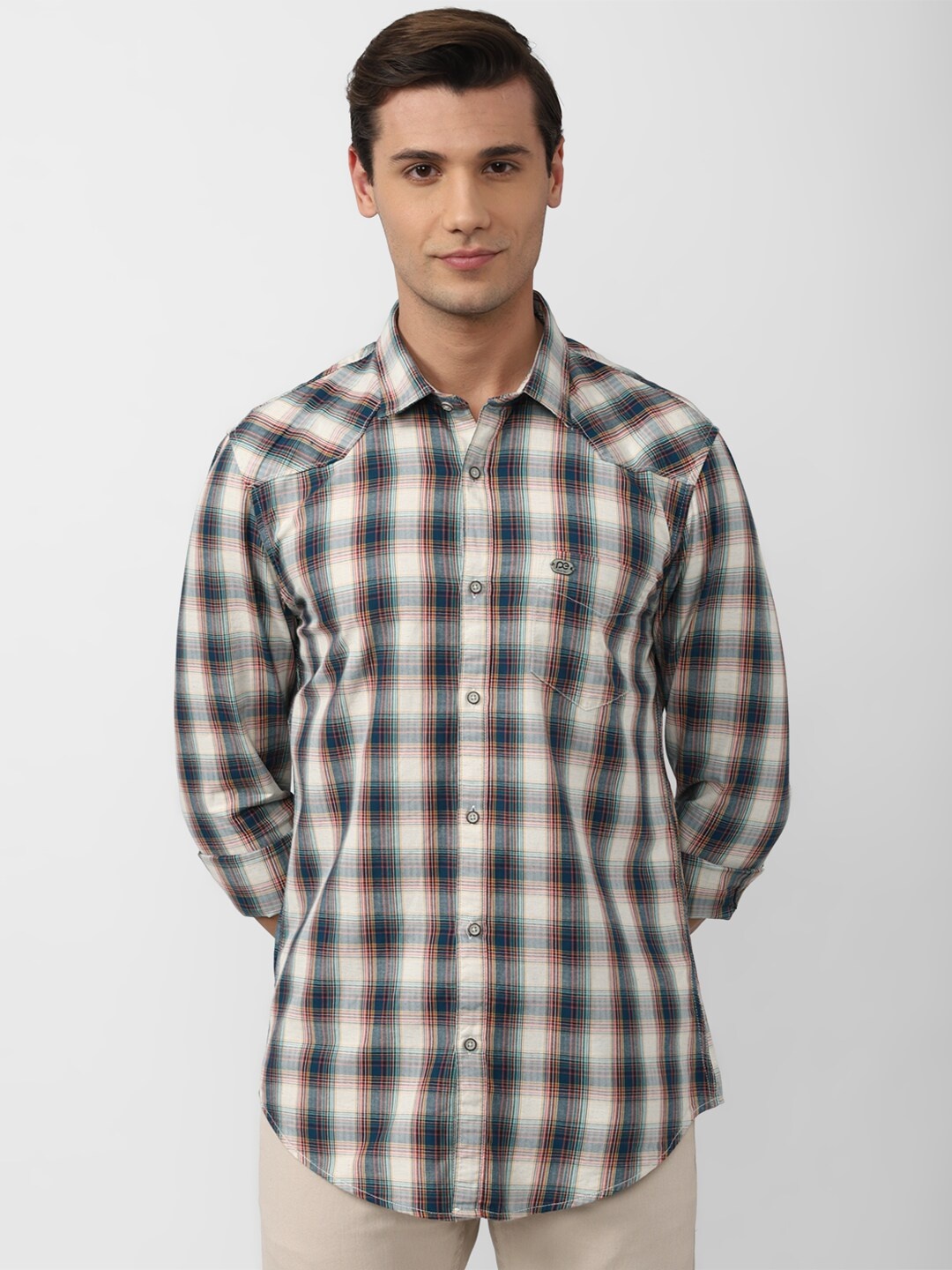 

Peter England Casuals Men Brown & Blue Slim Fit Checked Cotton Casual Shirt