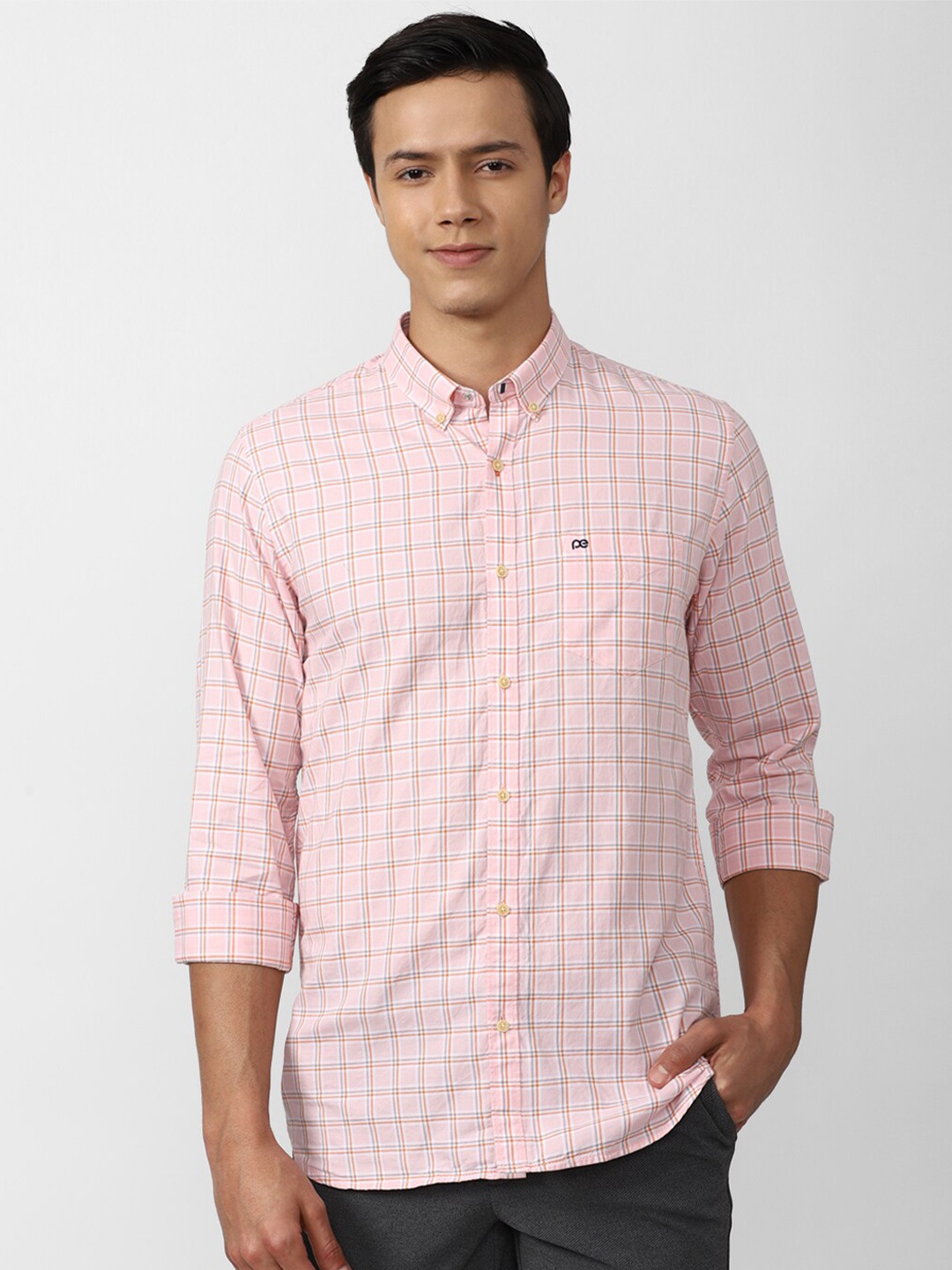 

Peter England Casuals Men Pink Slim Fit Grid Tattersall Checks Checked Cotton Casual Shirt