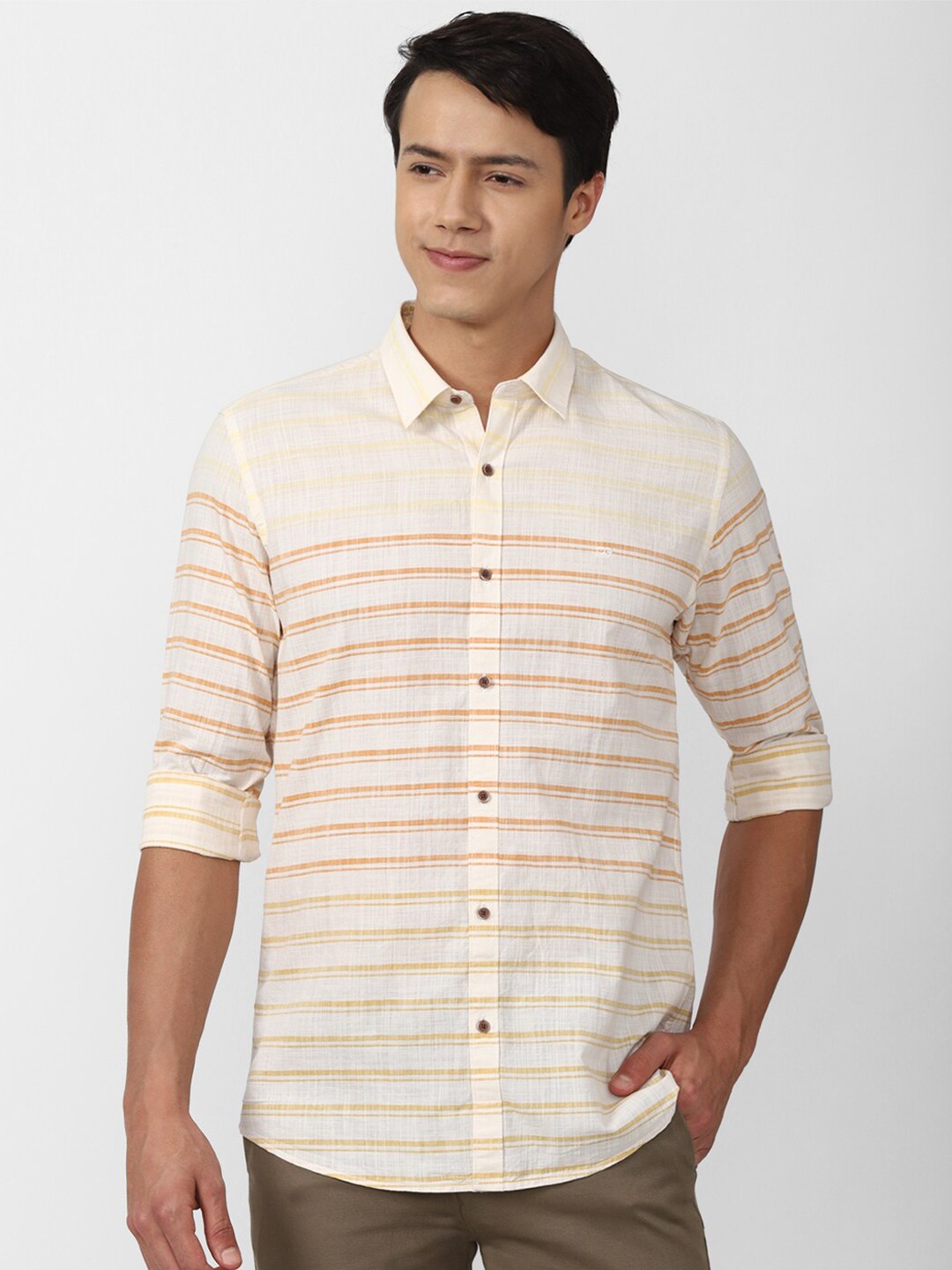 

Peter England Casuals Men Slim Fit Horizontal Stripes Striped Cotton Casual Shirt, Cream