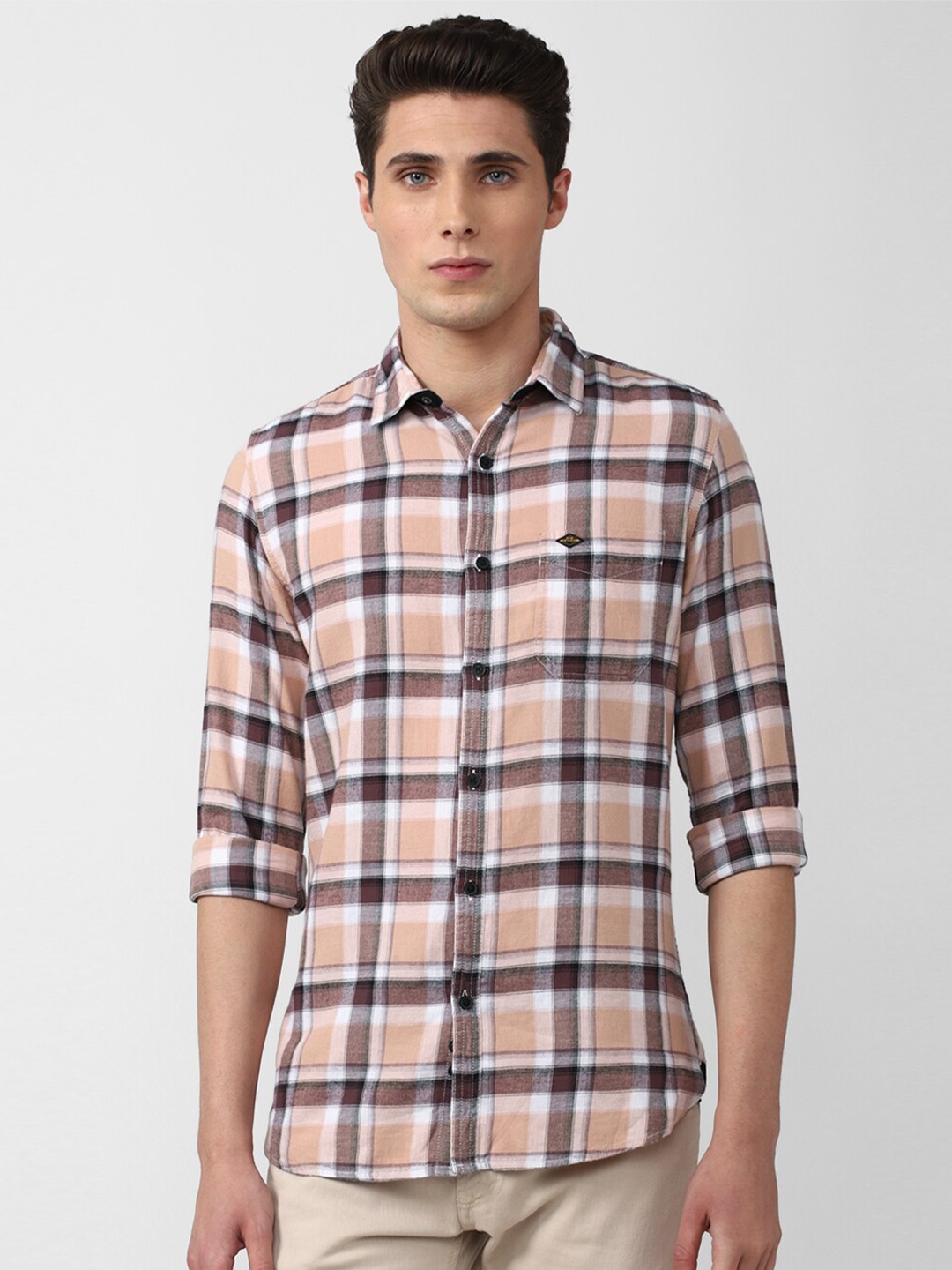 

VAN HEUSEN DENIM LABS Men Beige Slim Fit Tartan Checks Cotton Casual Shirt