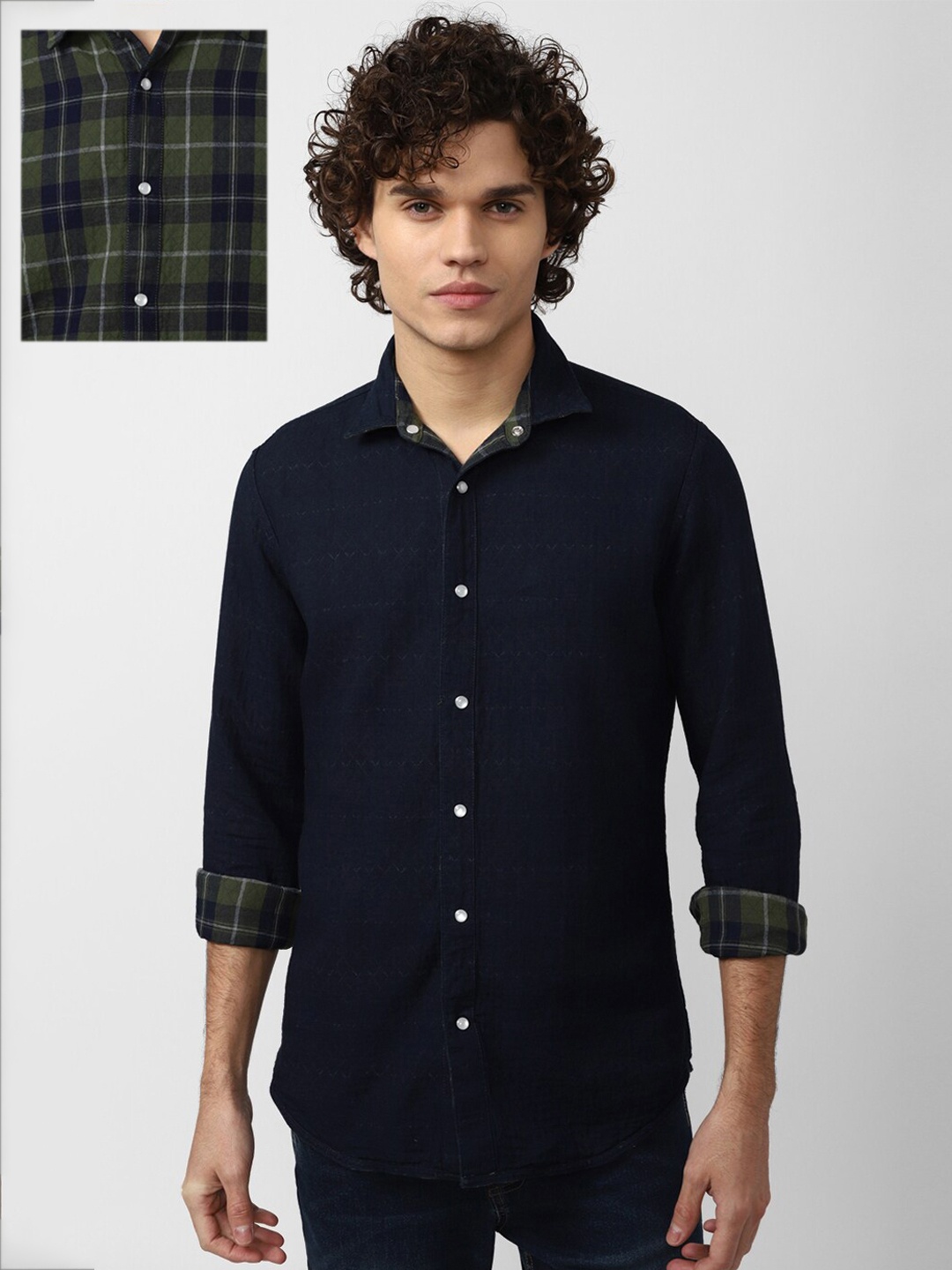 

VAN HEUSEN DENIM LABS Men Navy Blue Slim Fit Tartan Checks Reversible Cotton Casual Shirt