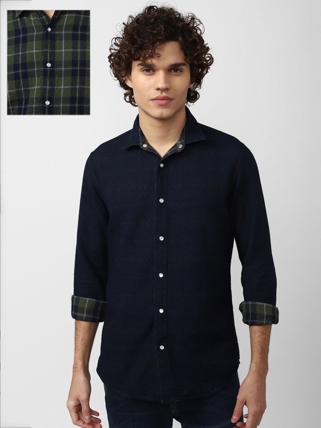 

VAN HEUSEN DENIM LABS Men Navy Blue Slim Fit Tartan Checks Reversible Cotton Casual Shirt