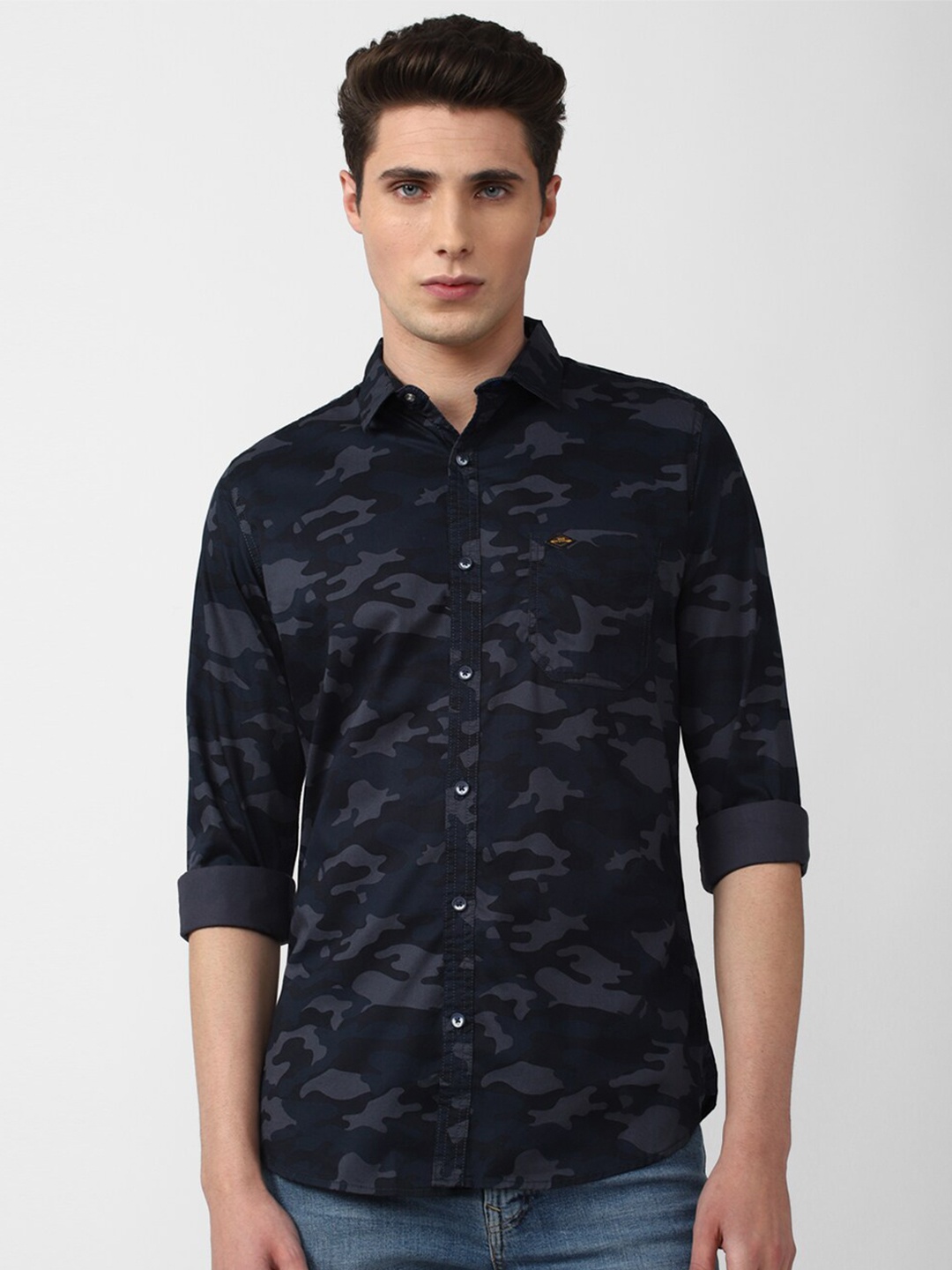 

VAN HEUSEN DENIM LABS Men Slim Fit Printed Pure Cotton Casual Shirt, Navy blue