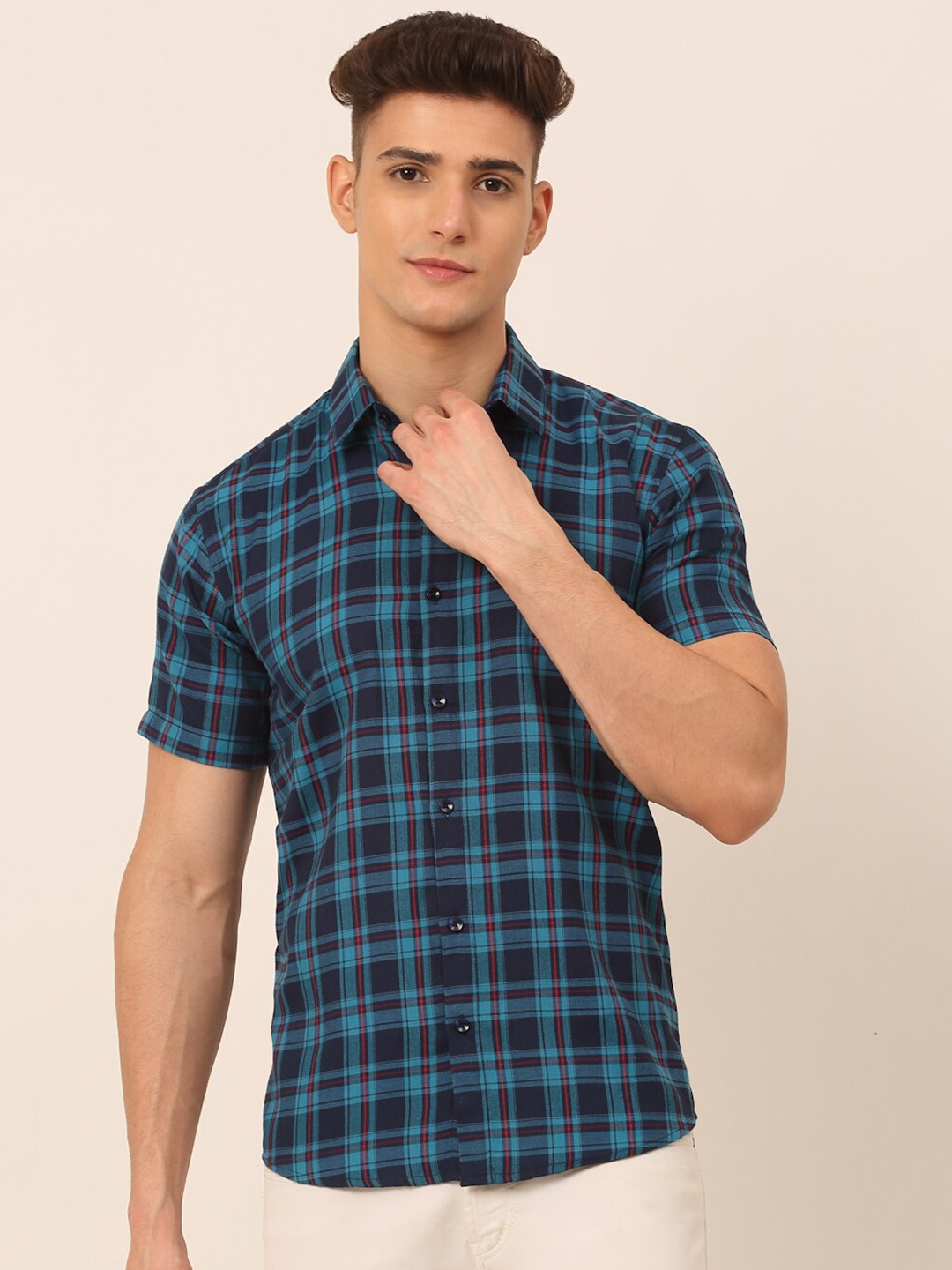 

JAINISH Men Classic Pure Cotton Tartan Checked Casual Shirt, Navy blue