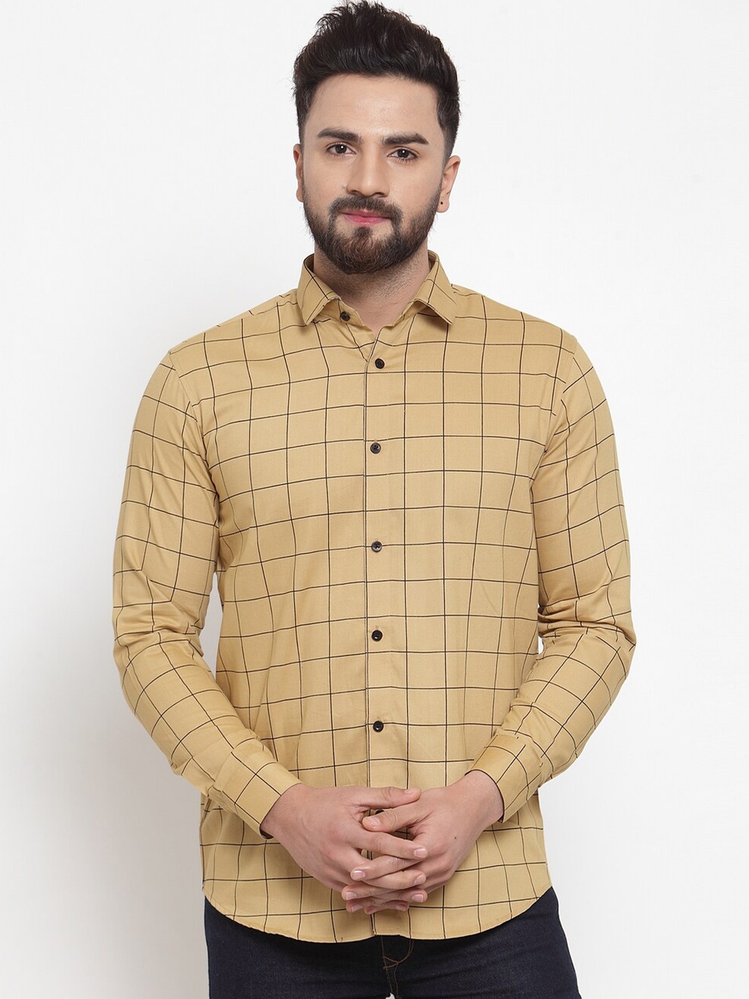 

JAINISH Men Classic Windowpane Checked Pure Cotton Casual Shirt, Beige