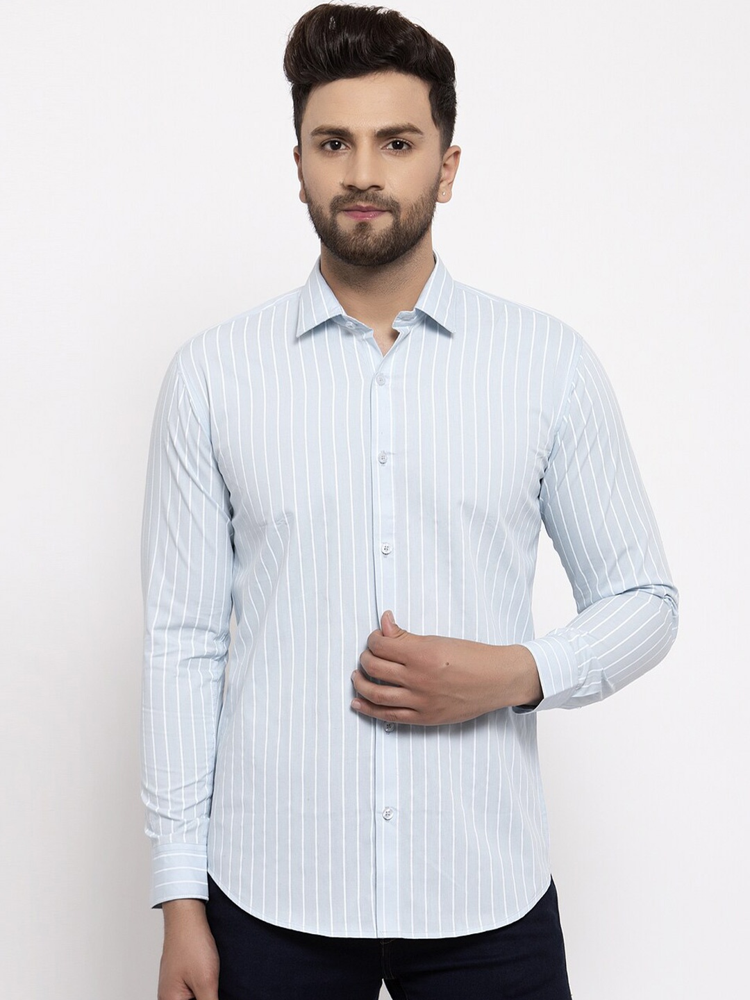 

JAINISH Men Standard Striped Pure Cotton Casual Shirt, Turquoise blue