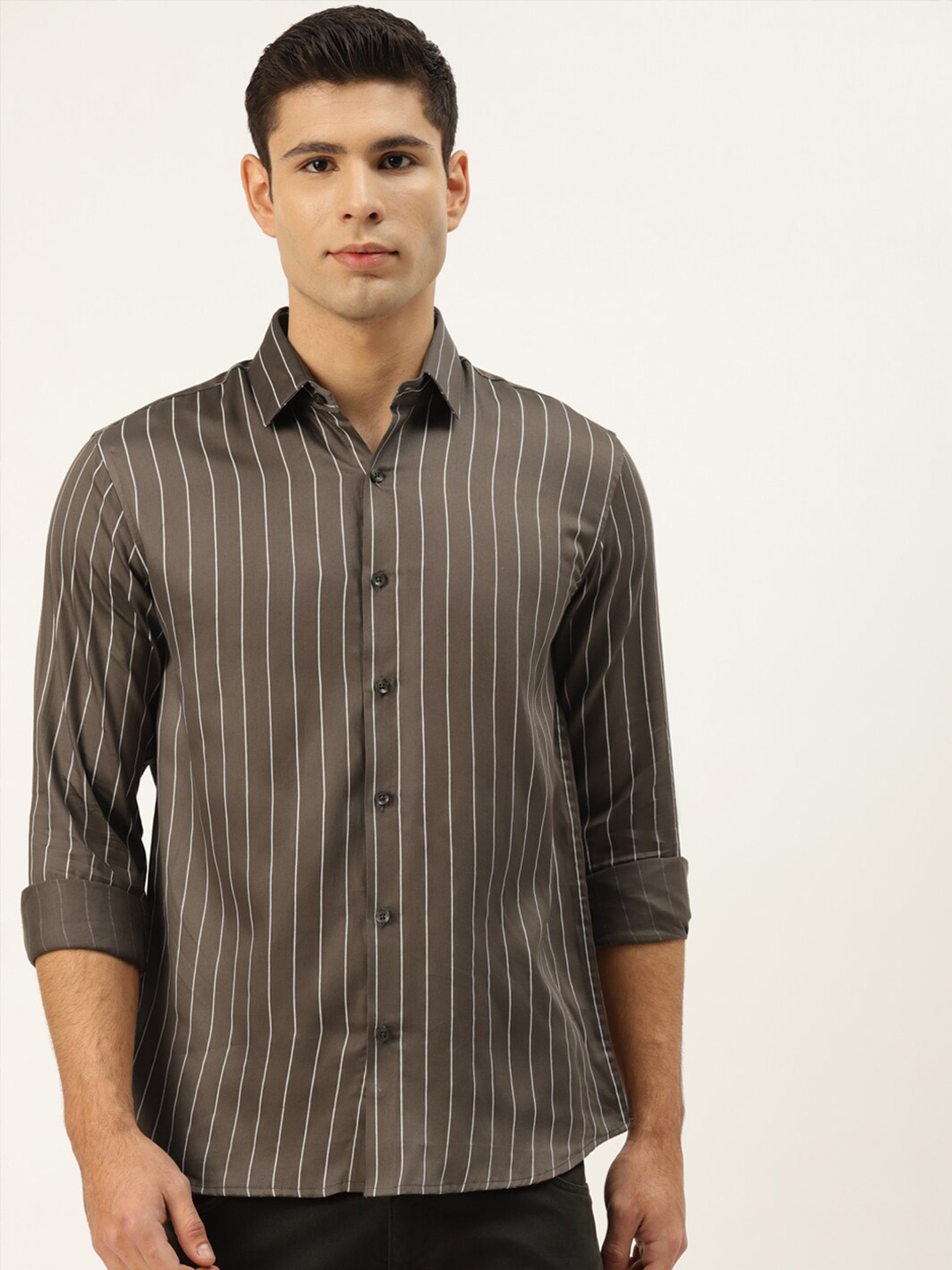 

JAINISH Men Standard Striped Pure Cotton Casual Shirt, Brown