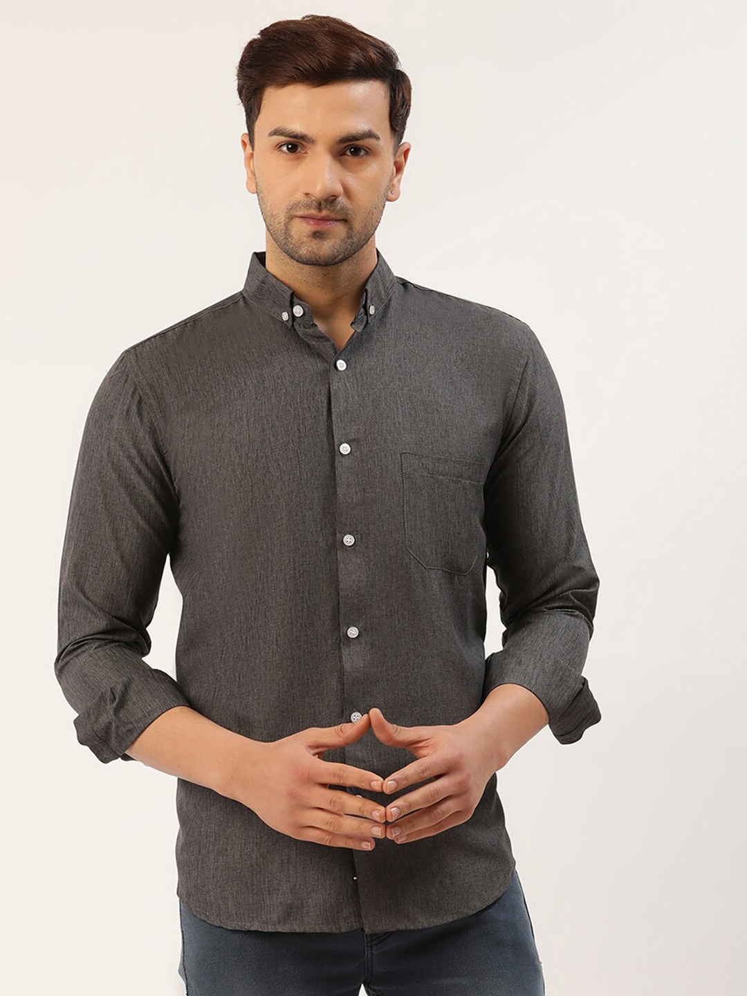 

JAINISH Men Charcoal Grey Classic Printed Pure Cotton Casual Shirt