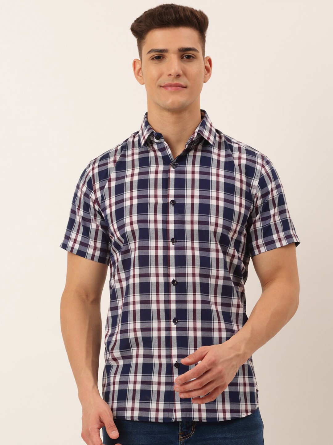

JAINISH Men Classic Tartan Checked Pure Cotton Casual Shirt, Navy blue