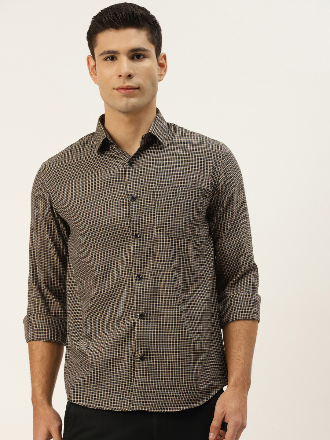 

JAINISH Men Black & Beige Classic Grid Tattersall Checked Pure Cotton Casual Shirt
