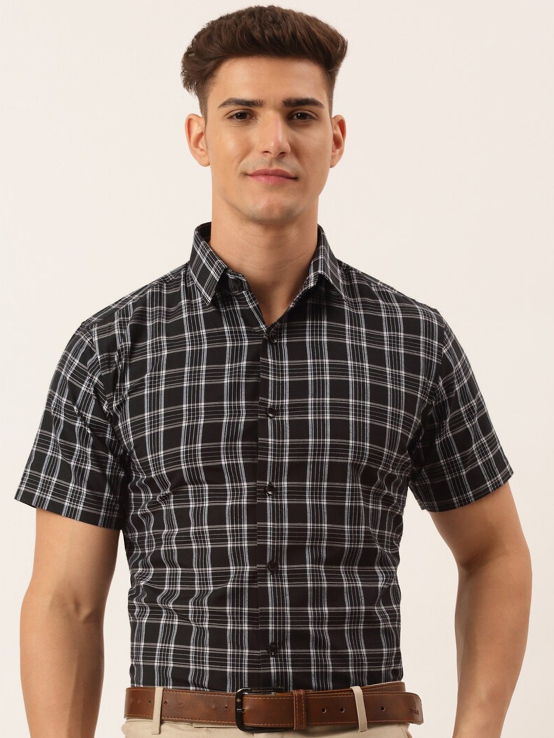 

JAINISH Men Classic Pure Cotton Tartan Checked Formal Shirt, Black
