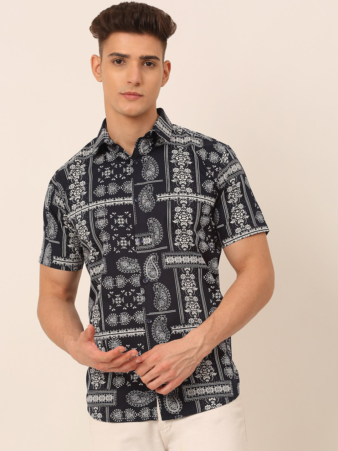 

JAINISH Men Classic Pure Cotton Printed Casual Shirt, Navy blue