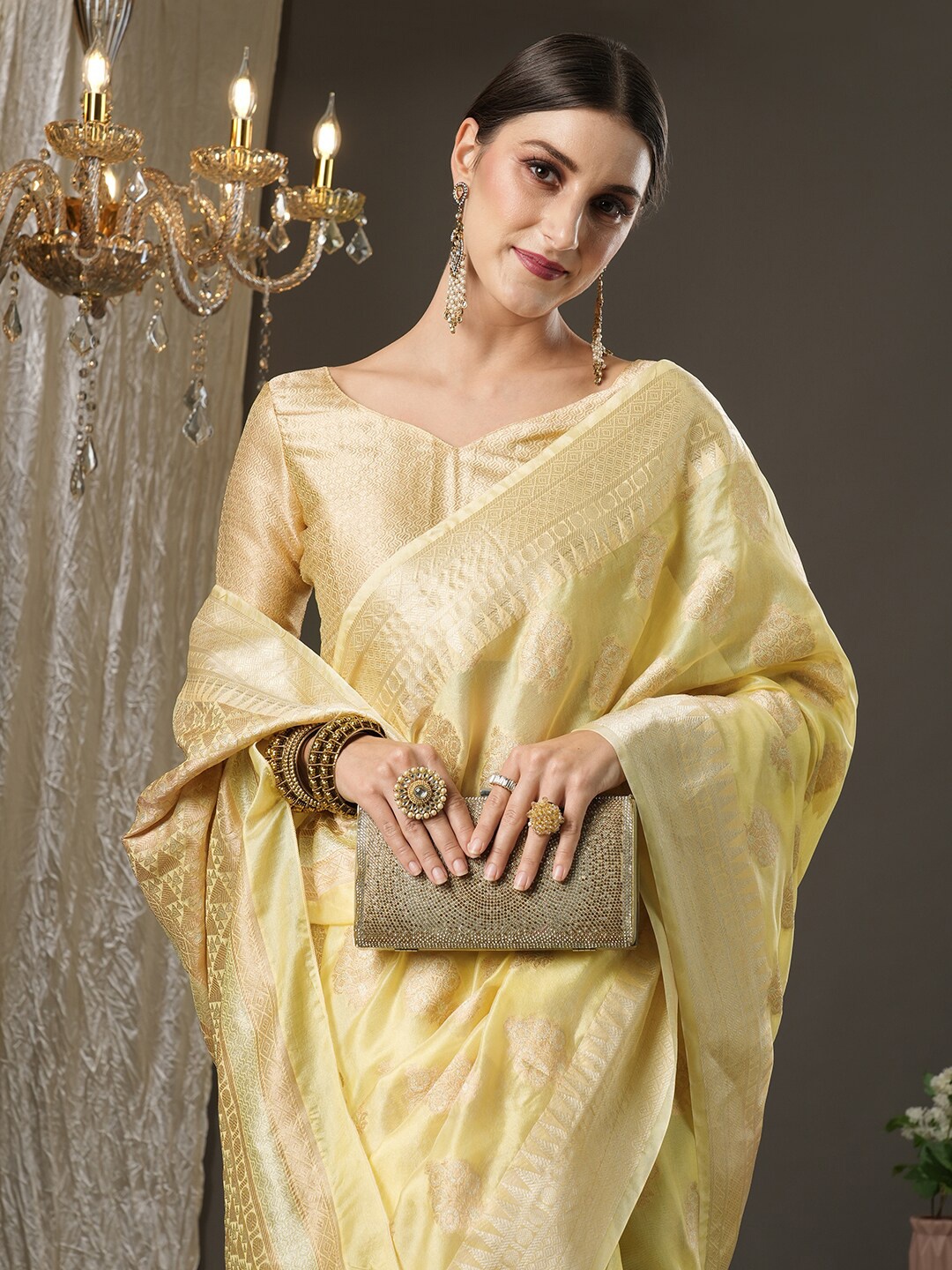 

Saree mall Yellow & Gold-Toned Woven Design Organza Dabu Sarees