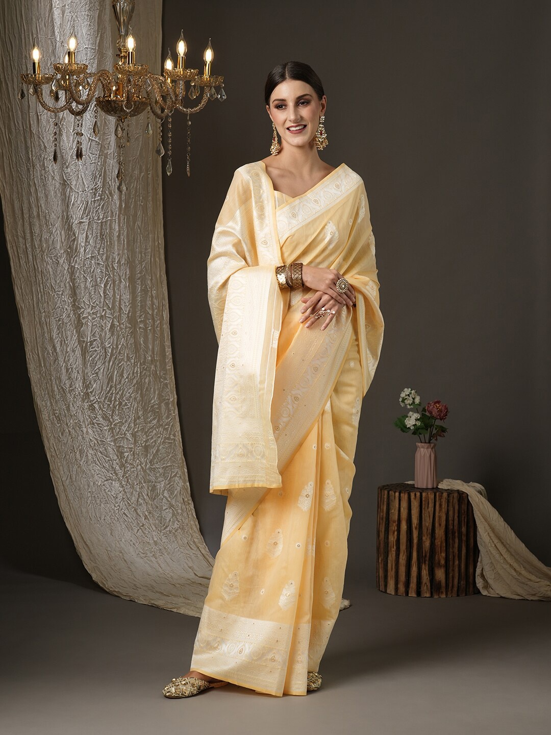 

Saree mall Yellow & Gold-Toned Woven Design Silk Cotton Banarasi Sarees