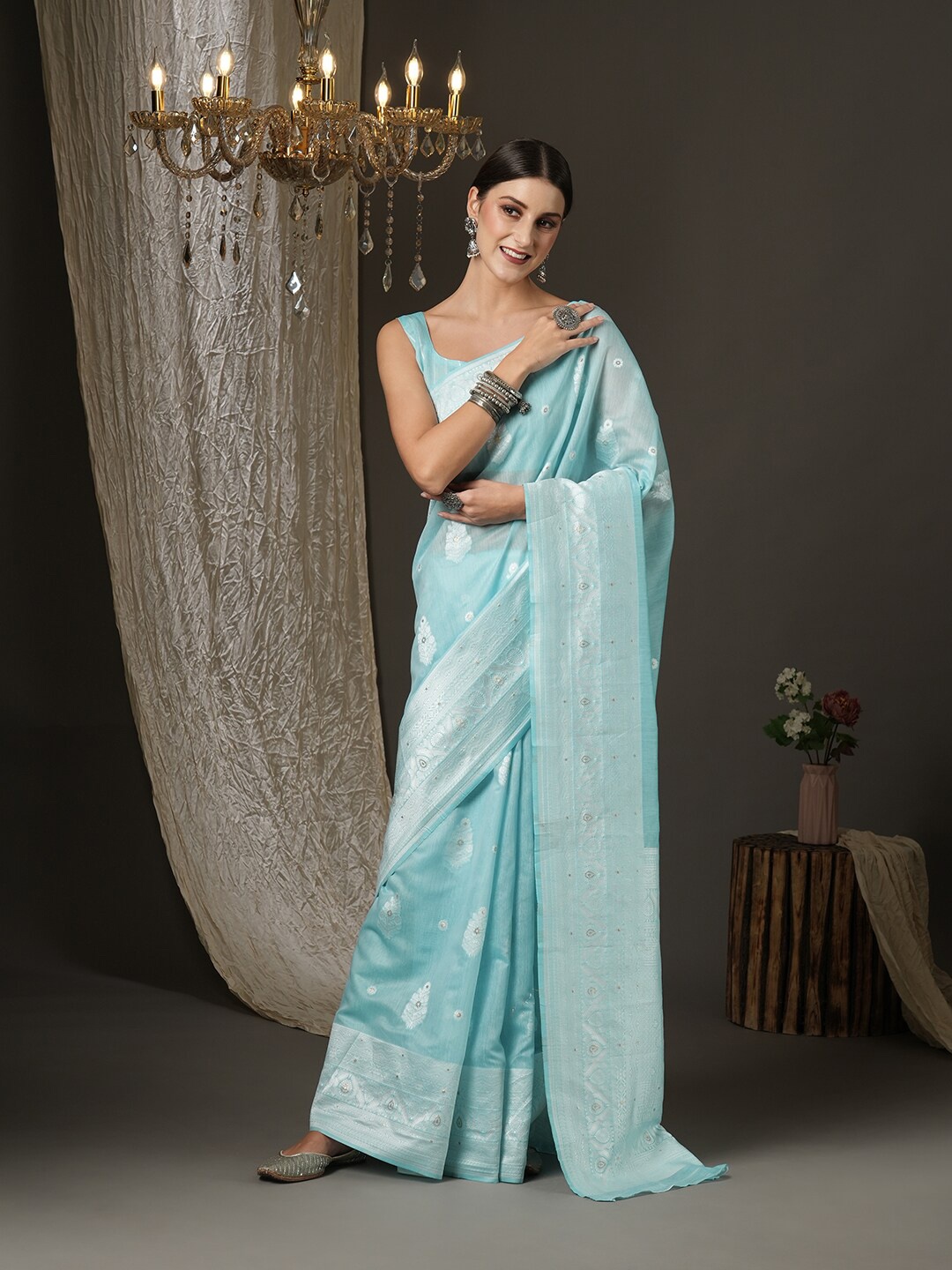 

Saree mall Turquoise Blue & Silver-Toned Woven Design Silk Cotton Banarasi Sarees