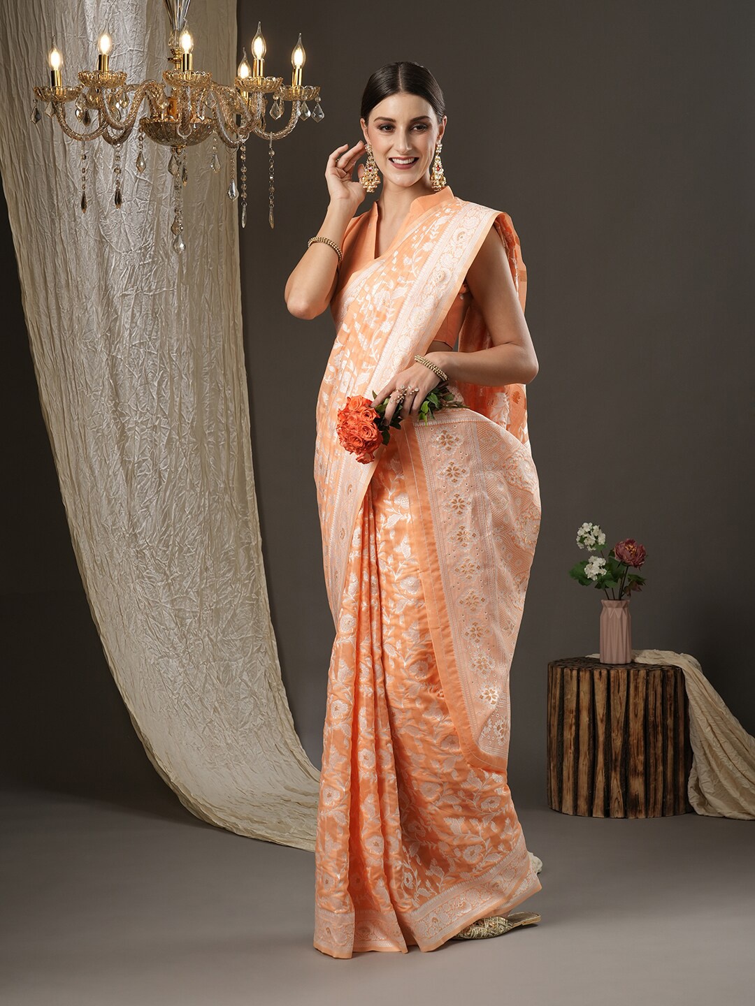 

Saree mall Orange & Silver-Toned Woven Design Silk Cotton Banarasi Sarees