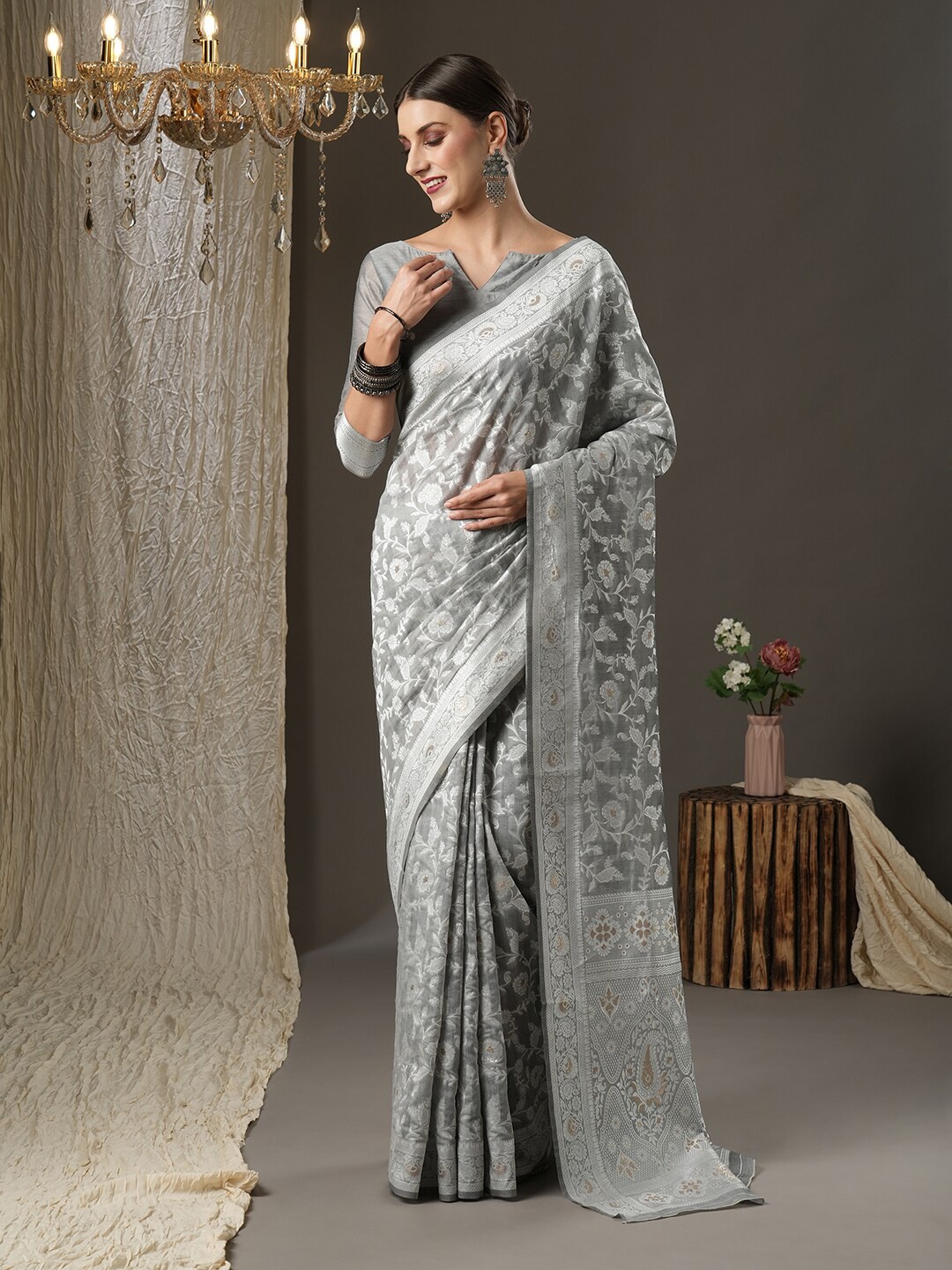 

Saree mall Grey & Silver-Toned Woven Design Silk Cotton Banarasi Sarees
