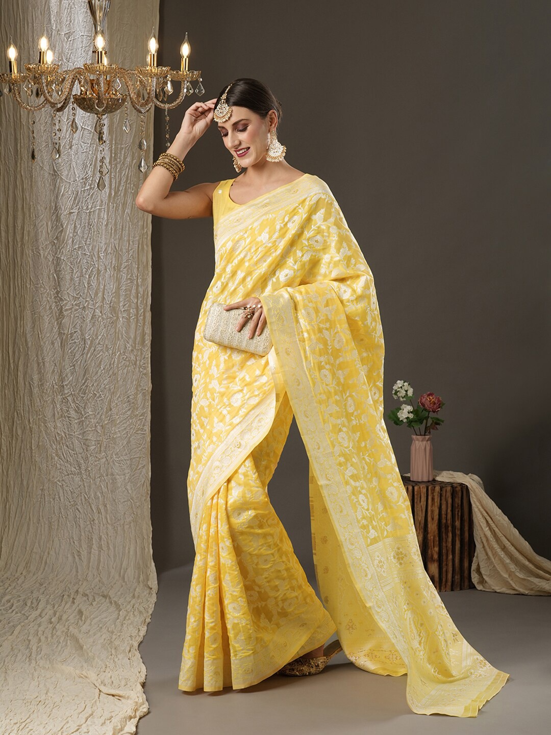 

Saree mall Yellow & Silver-Toned Woven Design Silk Cotton Banarasi Sarees