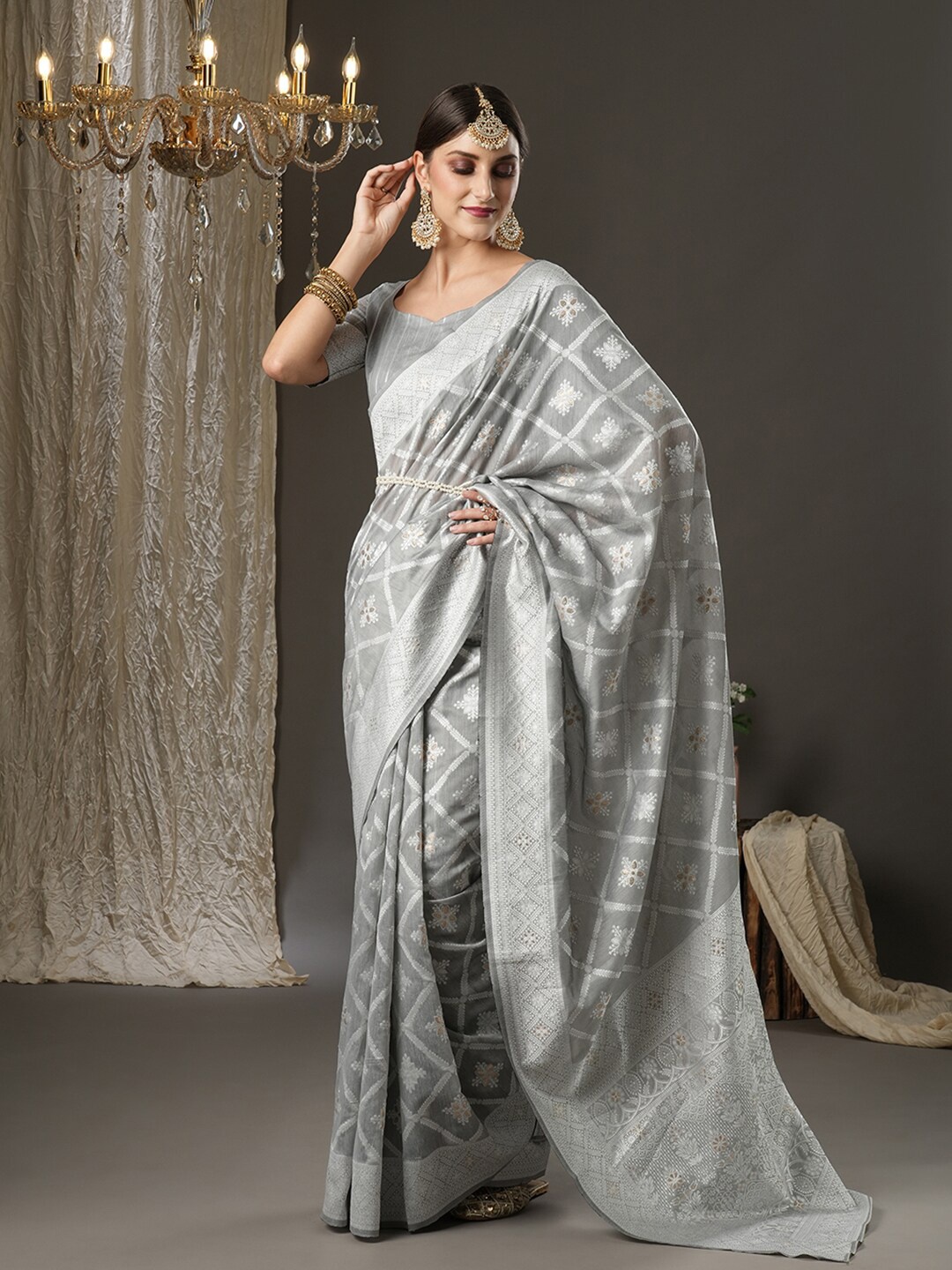 

Saree mall Grey & Silver-Toned Woven Design Silk Cotton Banarasi Sarees