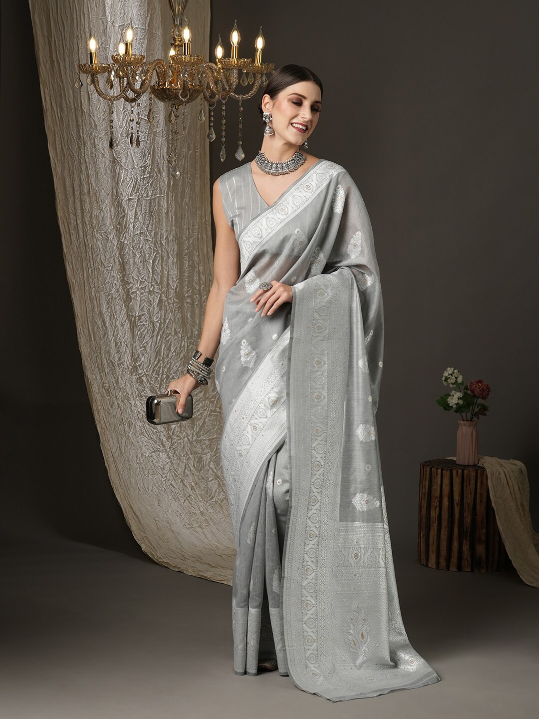 

Saree mall Grey Woven Design Silk Cotton Banarasi Sarees