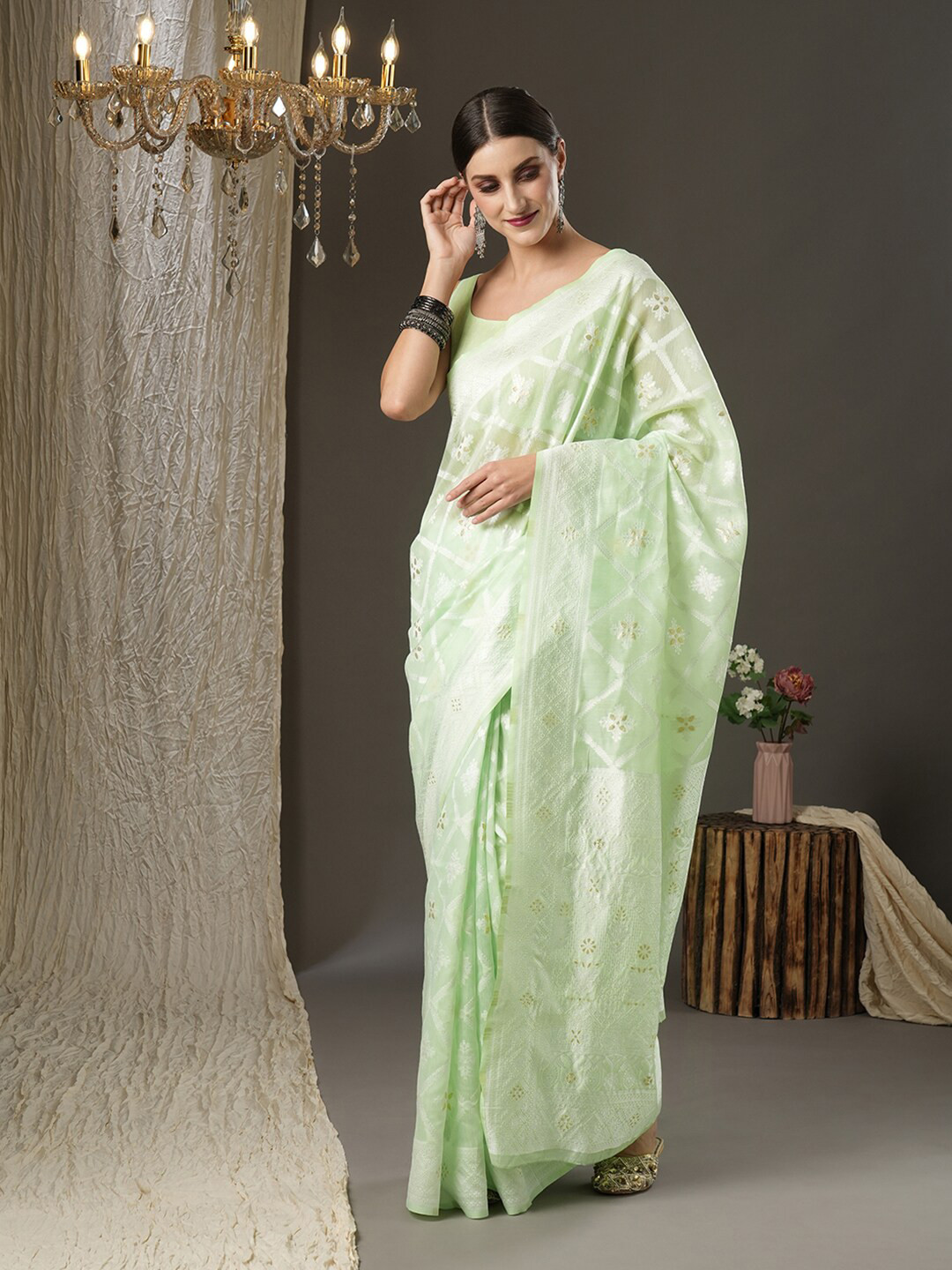 

Saree mall Green Woven Design Silk Cotton Banarasi Sarees