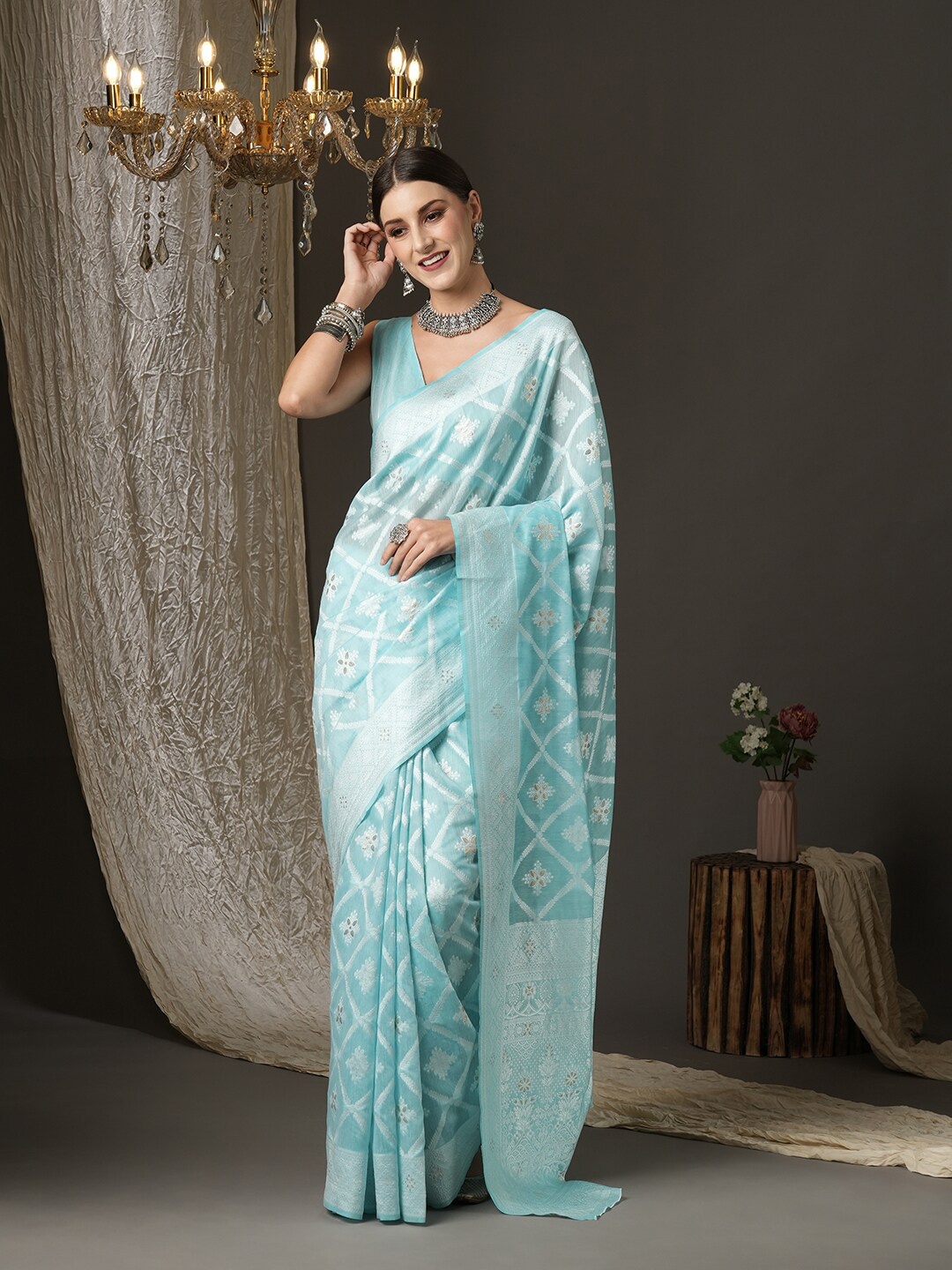 

Saree mall Turquoise Blue & White Woven Design Silk Cotton Banarasi Sarees