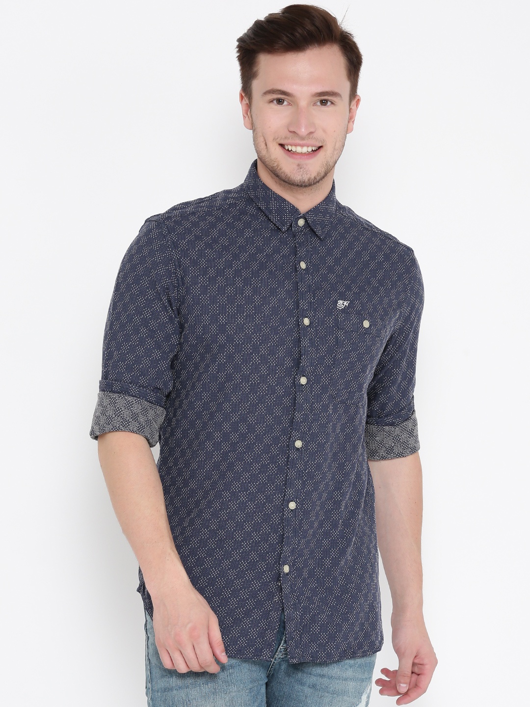 

Ed Hardy Men Navy & Off-White Regular Fit Self-Design Casual Shirt, Navy blue