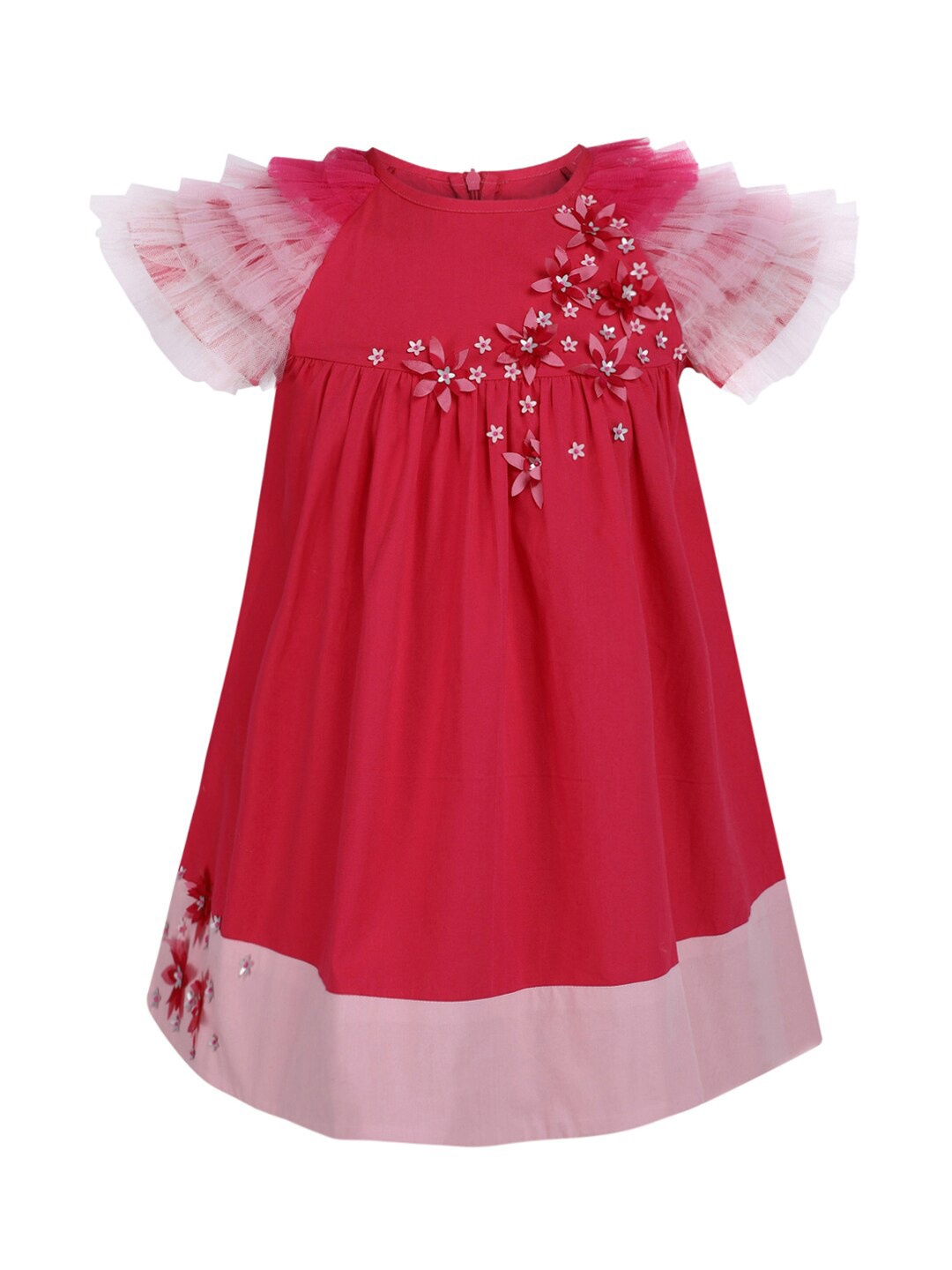 

A Little Fable Girls Flutter Sleeves Round Neck A-Line Dress, Pink