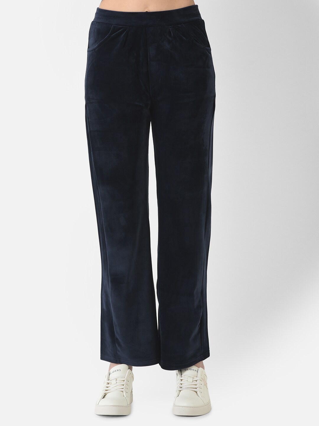 

FNOCKS Women Navy Blue Velvet Solid Palazzos