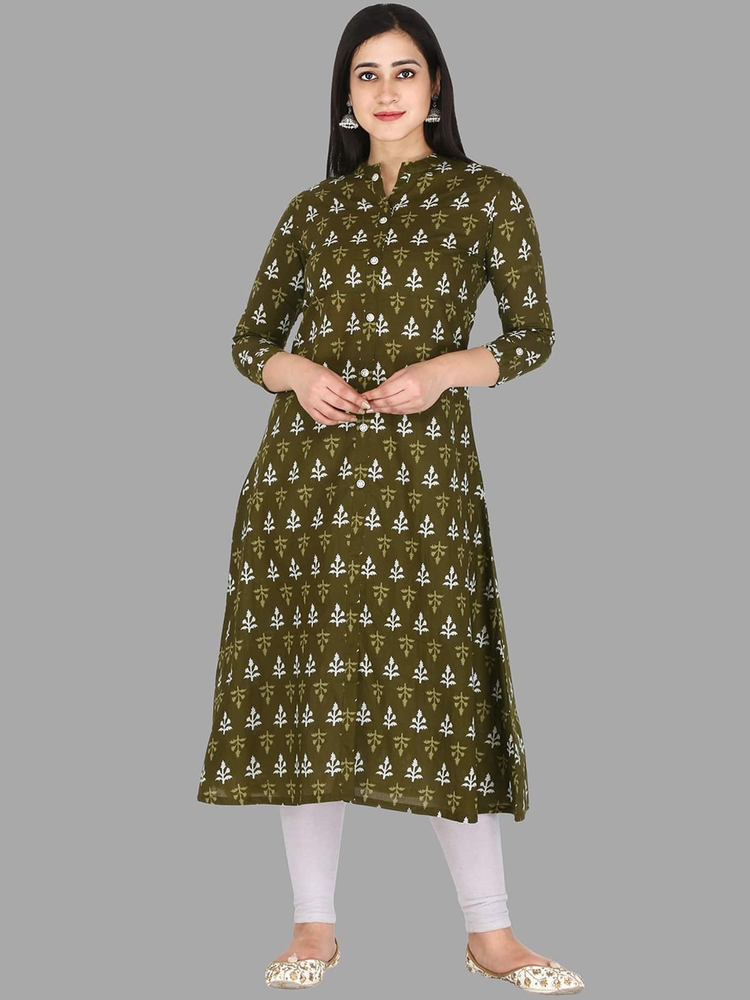 

KANNAHI Ethnic Motifs Woven Design Printed Cotton A-line Kurta, Green