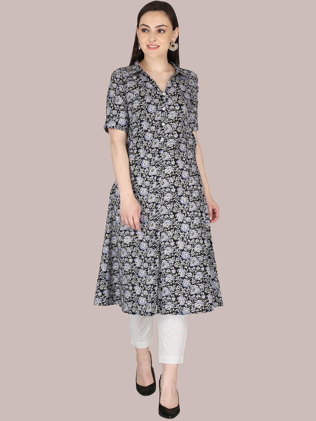 

KANNAHI Regular Floral Printed A-line Cotton Kurta, Black