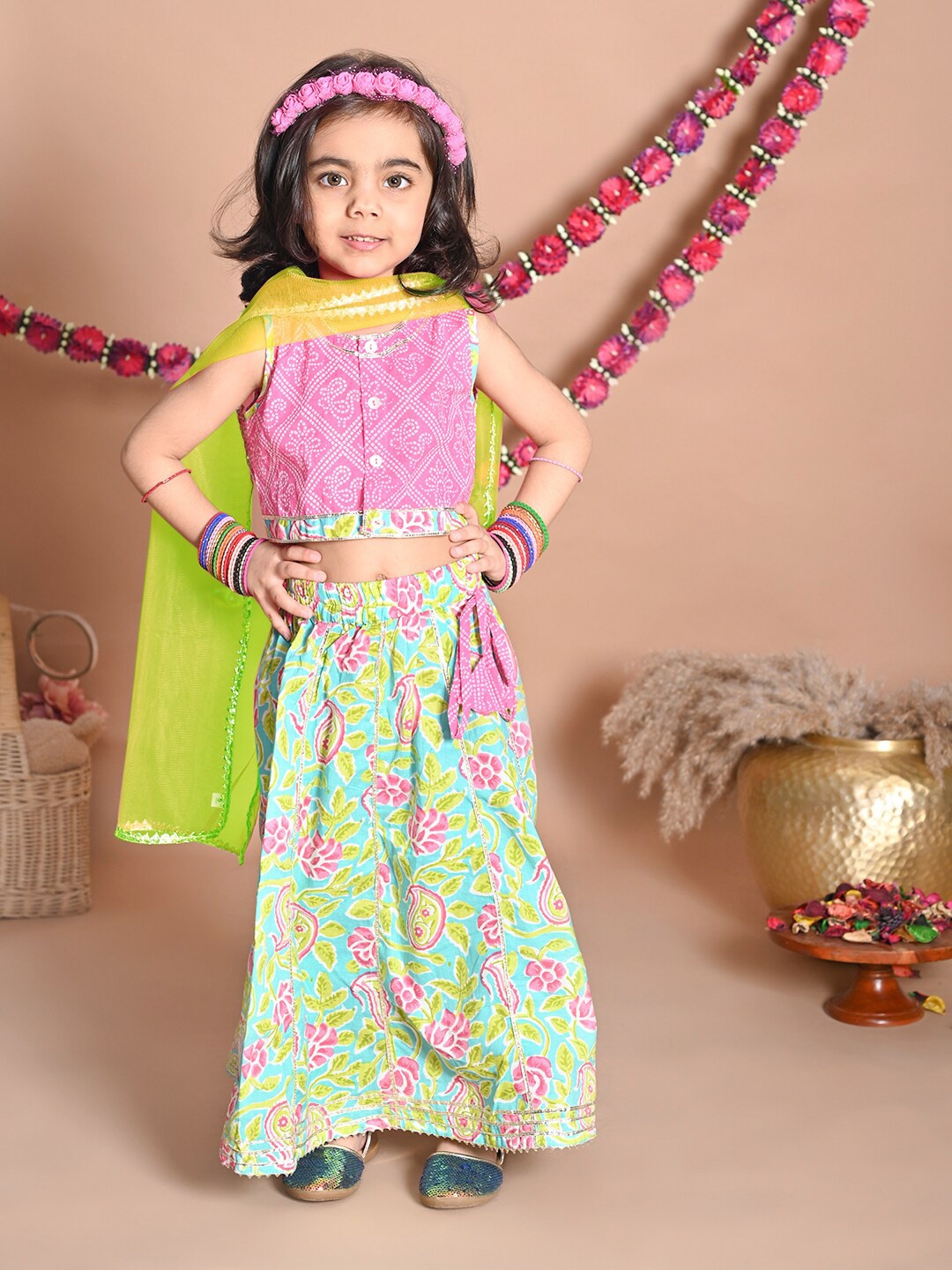 

LIL PITAARA Girls Pink & Blue Printed Ready to Wear Pure Cotton Lehenga Choli With Dupatta