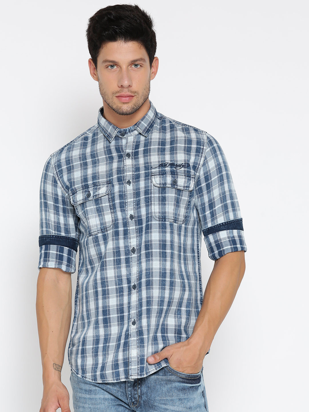

Ed Hardy Men Off-White & Blue Checked Casual Shirt