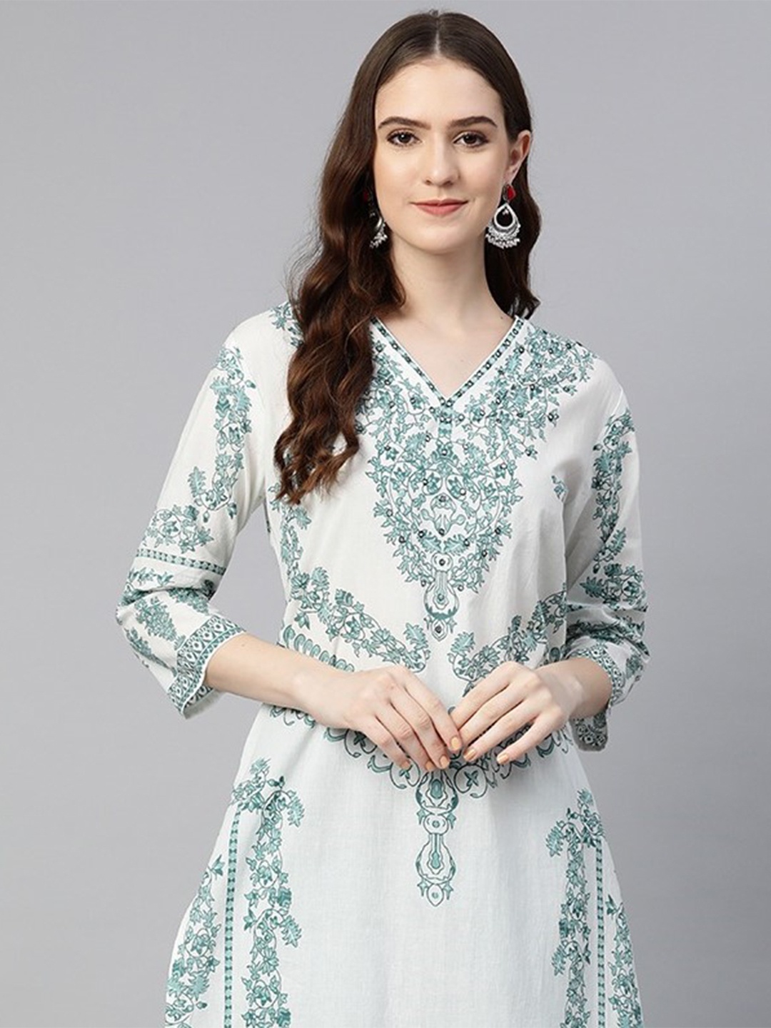 Readiprint Women White Floral Printed Mirror Work Pure Cotton Kurta with Trousers