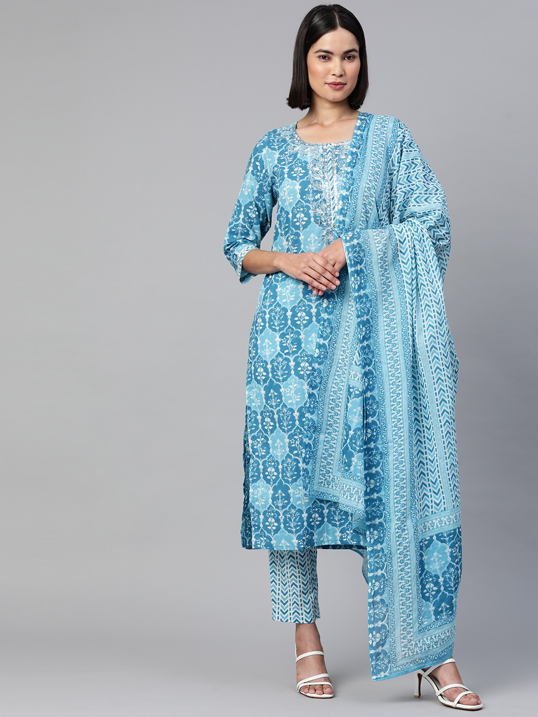 

Readiprint Fashions Women Blue Floral Embroidered Sequinned Pure Cotton Kurta with Trousers & With Dupatta
