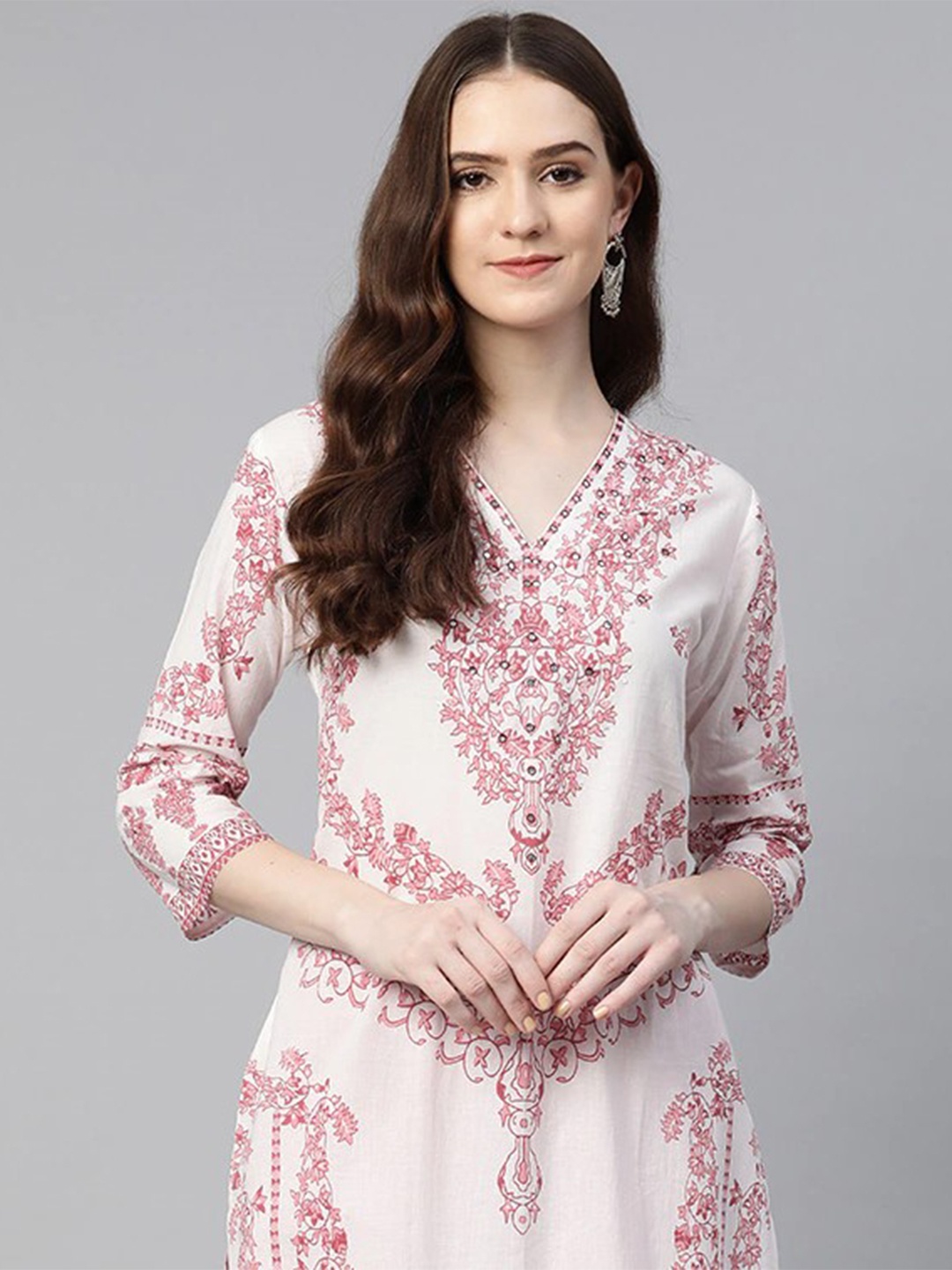 Readiprint Women White Floral Printed Mirror Work Pure Cotton Kurta with Trousers