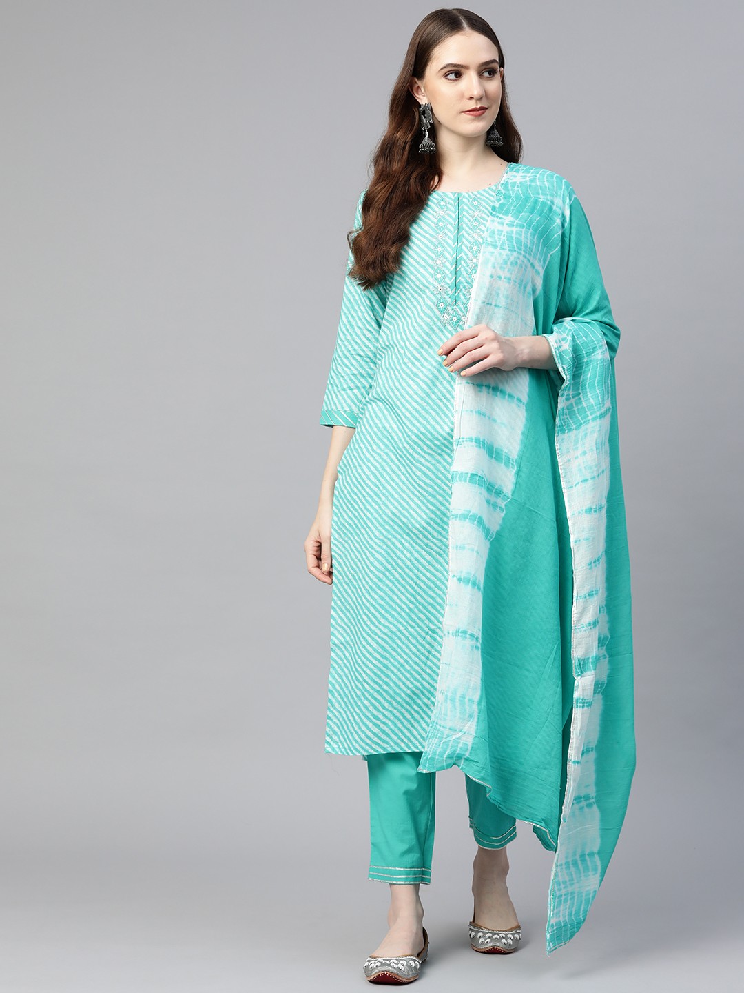 

Readiprint Fashions Women Sea Green Embroidered Kurta with Trousers & With Dupatta