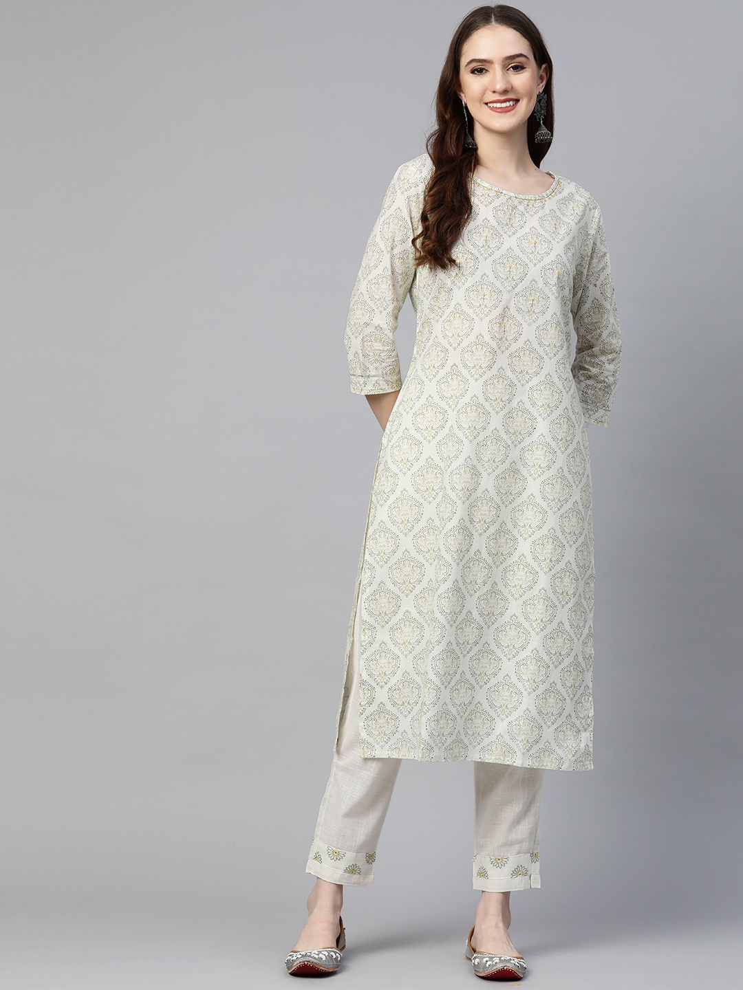 

Readiprint Women Off White Ethnic Motifs Printed Thread Work Pure Cotton Kurta with Trousers